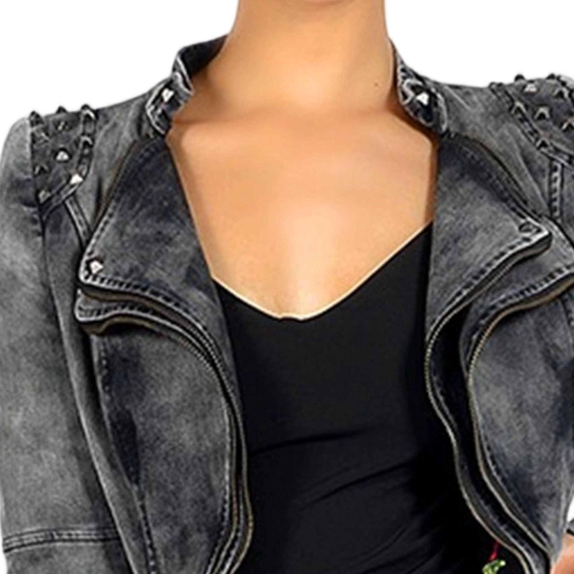 Chaqueta vaquera clásica de mujer estilo motero con cremallera y remaches.