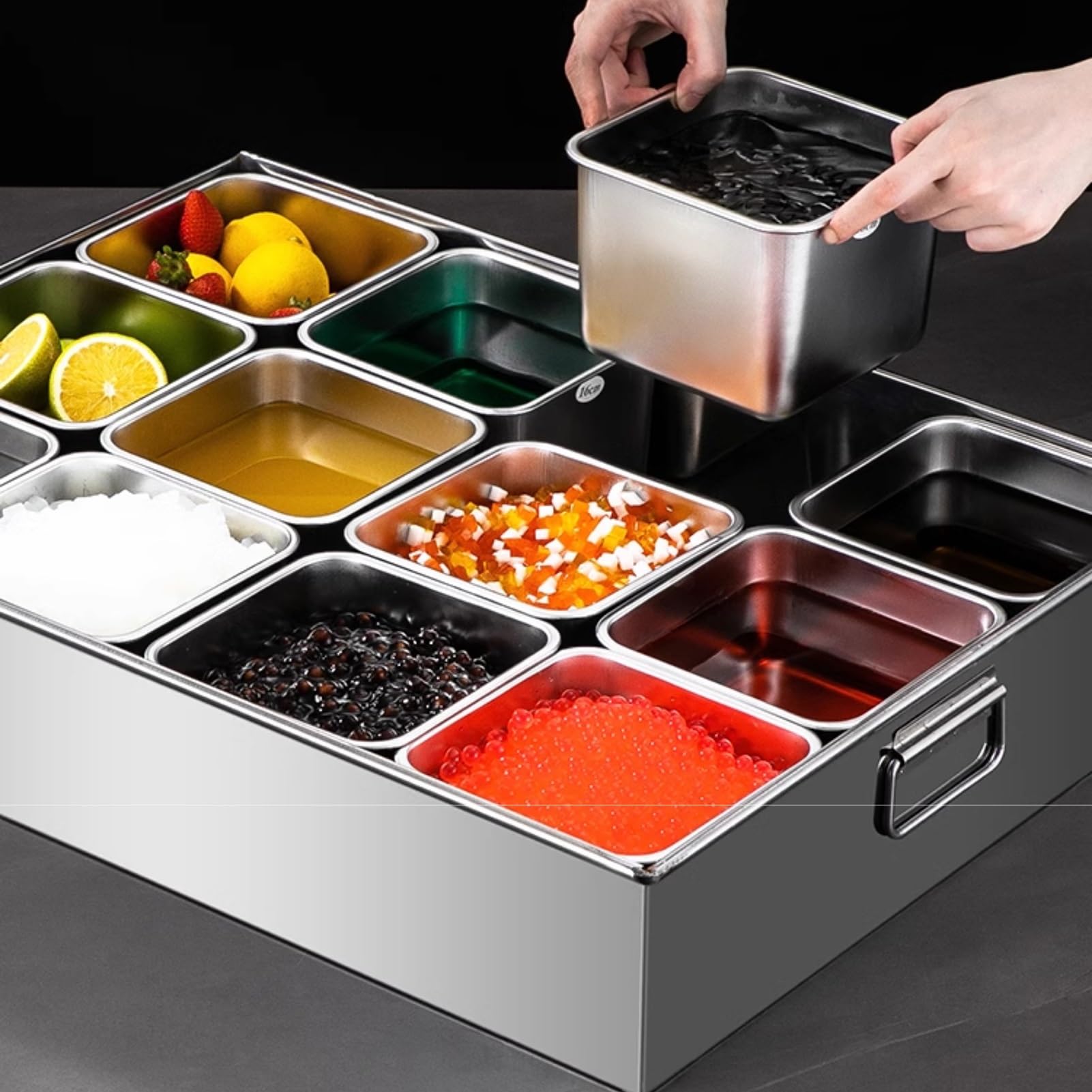 Pizza-Topping-Station aus Edelstahl, wiederverwendbare Gewürzbehälter mit Deckel, Gewürzregal für Saucen, Zutaten und Gewürze – perfekt für Hobbyköche