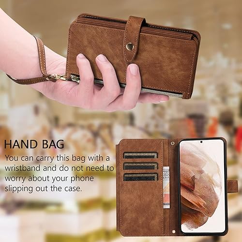 Miniatura 7 de UEEBAI Funda para Samsung Galaxy S21 FE 5G, 9 ranuras para tarjetas, cartera de cuero retro a prueba de golpes, con correa de mano, ranuras para