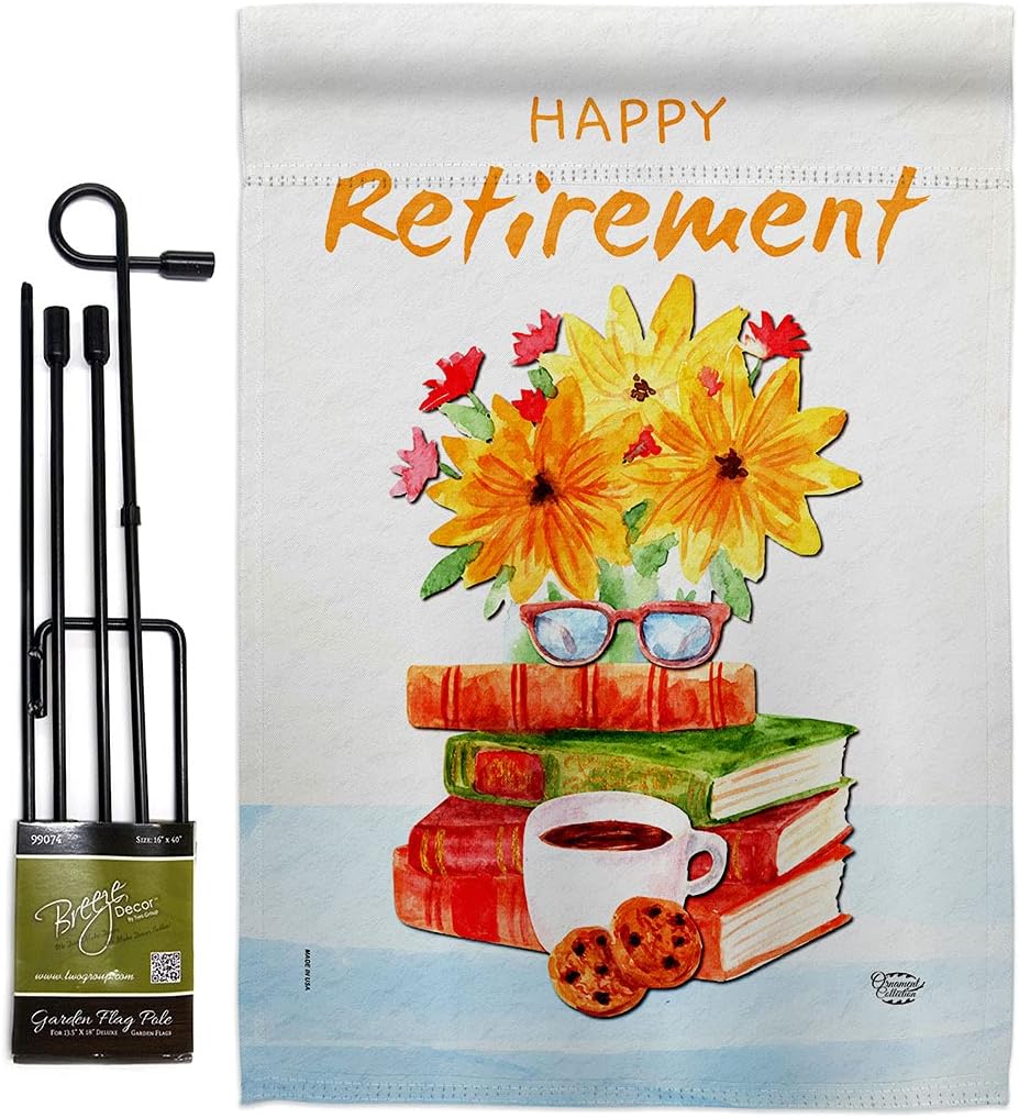 Retirement Activites Burlap Garden Flag Set with Stand Celebration Happy Retired Veteran Congratulations Occasion Anniversary Party Small Gift Yard House Banner Double-Sided Made In USA 13 X 18.5