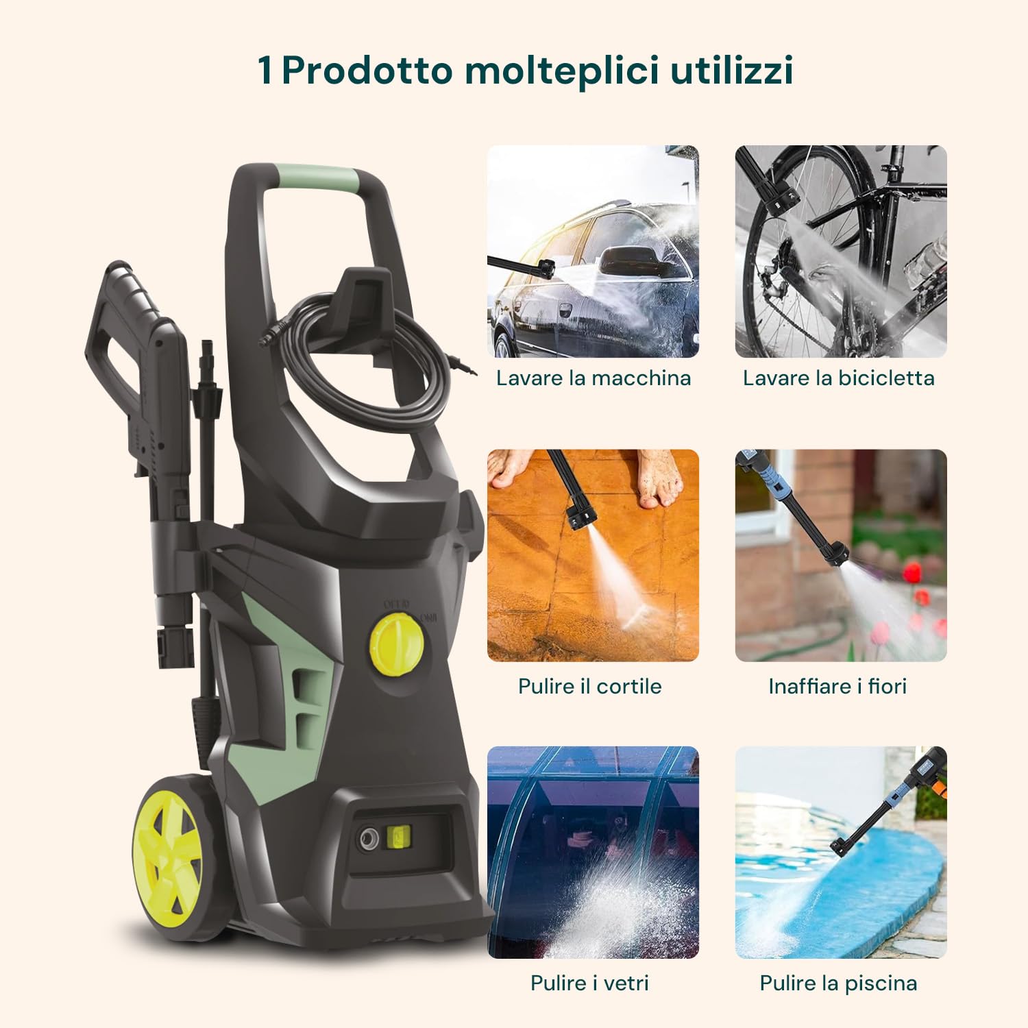 Avilia Idropulitrice 2000W Turbo Boost - Idropulitrice 180 Bar, 7.5 L/min – Con Lancia, Tubo 6m, Sistema Total Stop - con Serbatoio Acqua Per Auto, Moto e Bici