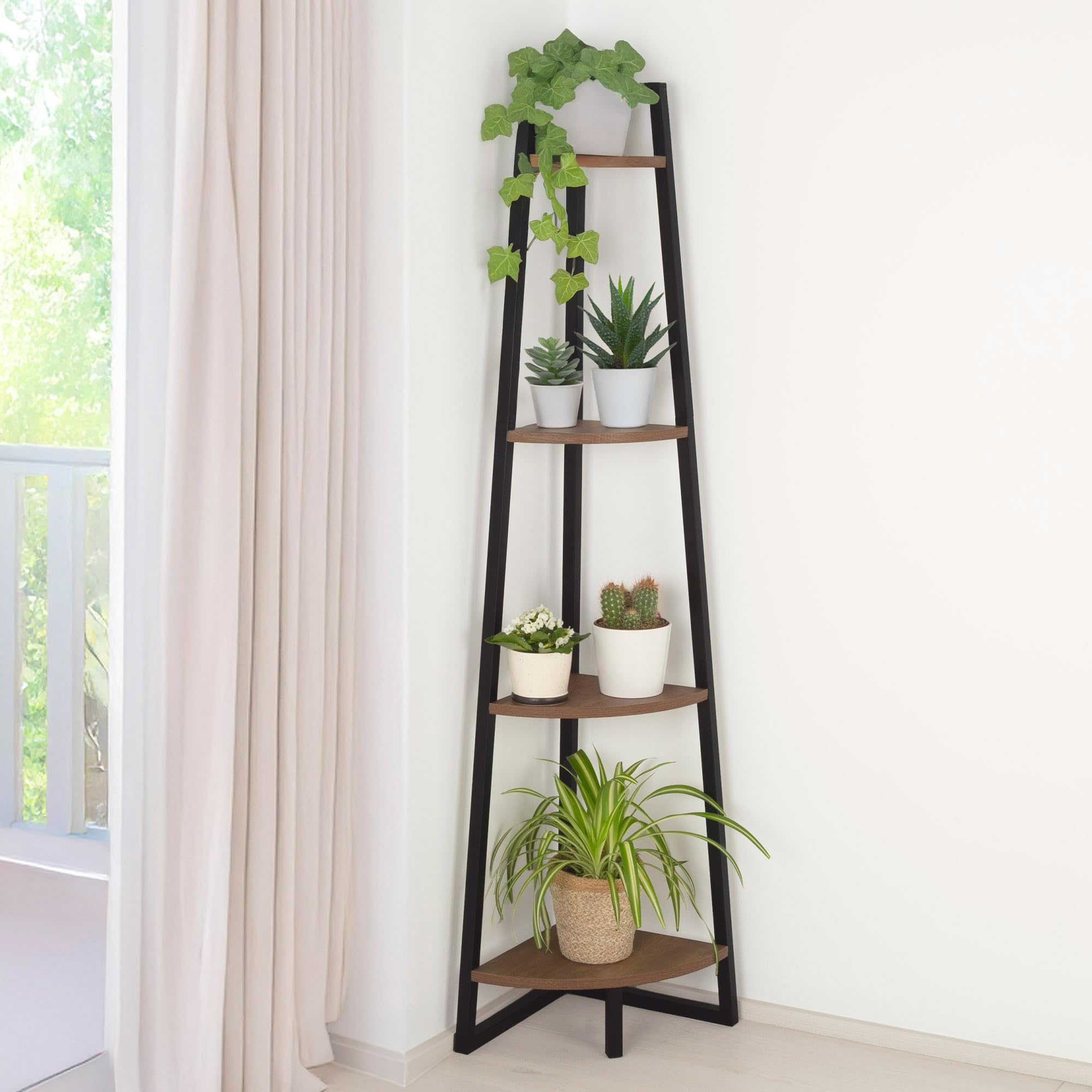AKTIVE MAX Home Estantería esquinera, 30x30x135 cm, 4 Niveles, Acero, Madera, Fácil Montaje, Almacenaje, Organización, Estanterías Altas, Decoración, Dormitorio, Salón, Baño (18458)