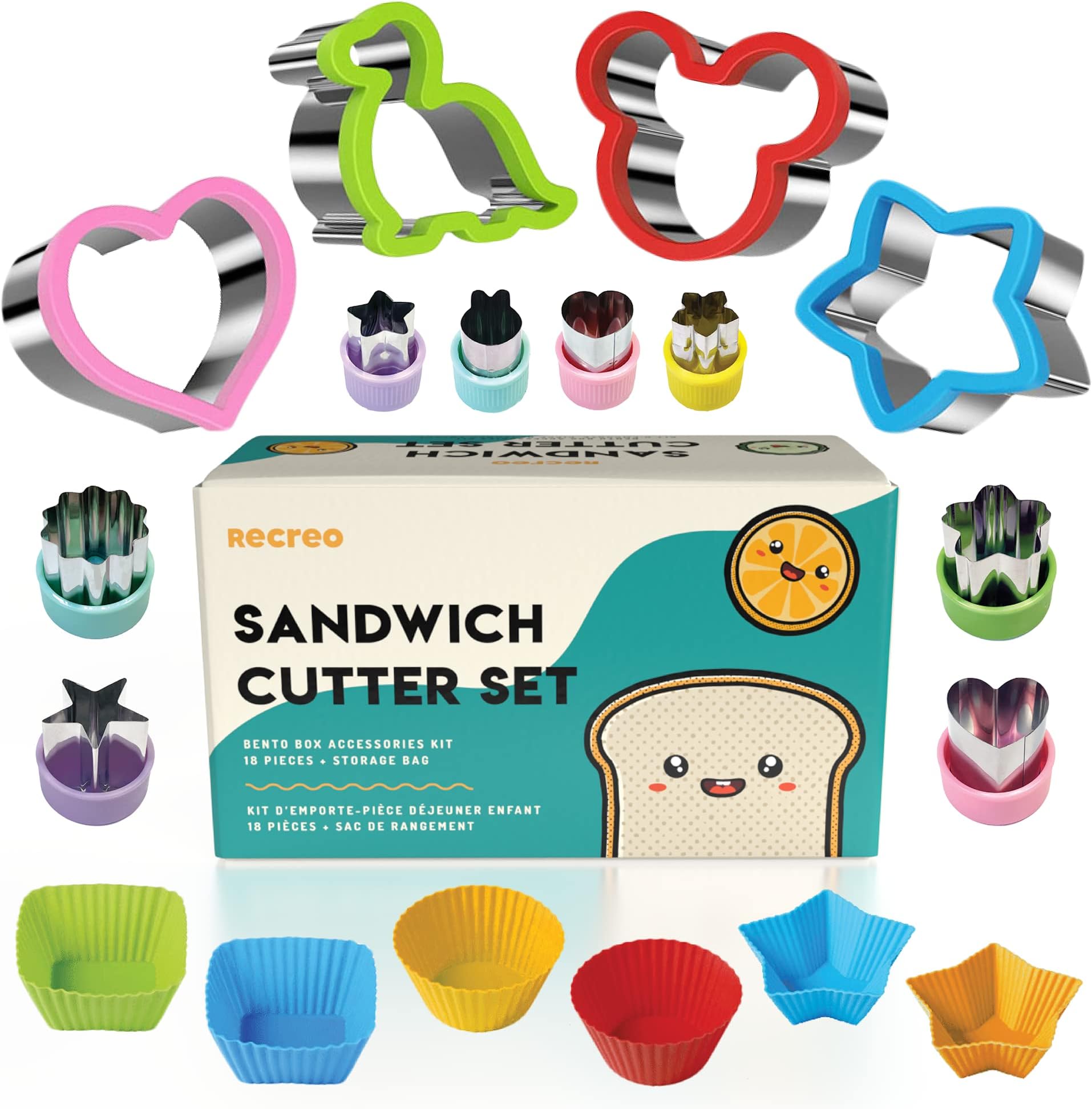 Sandwich Cutter Bento Box Accessories Kit - 18 Pcs Lunch Packing Accessories & Sandwich Cutters for Kids Set - Stainless Steel Food Cutters, Silicone Cups & Storage Bag - FDA Standard BPA Free