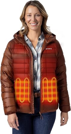 ORORO Womens Lightweight Packable Heated Down Jacket with Hood, 4-Zone Heated Jacket with USB-C Rechargeable Battery