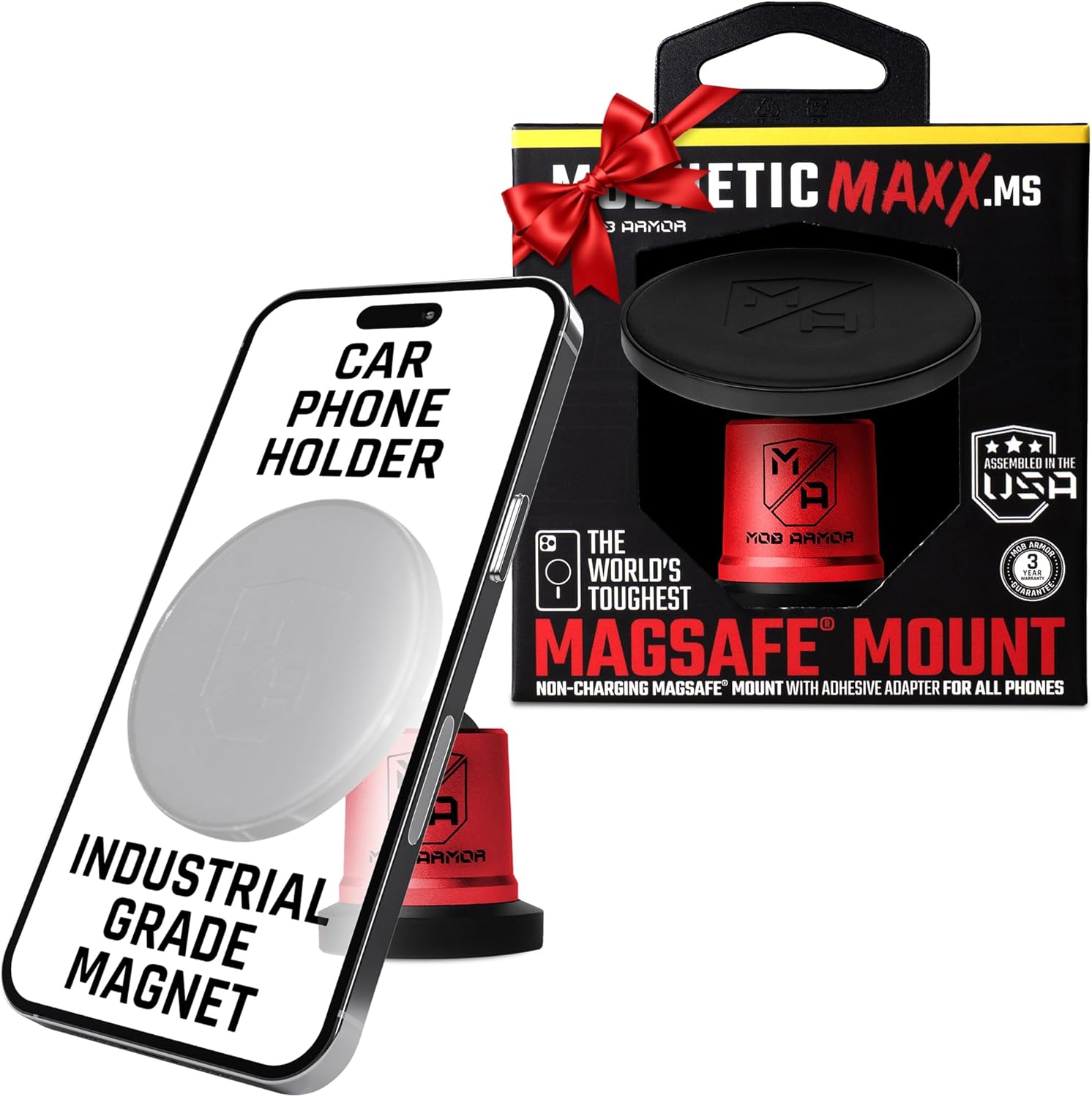 Mob Armor MobNetic Maxx MS - Magnetic Phone Holder for Car, USA Assembled Car Phone Mount, Supports iPhone & Android, Christmas, White Elephant for Men, Dad, Boyfriend - Red