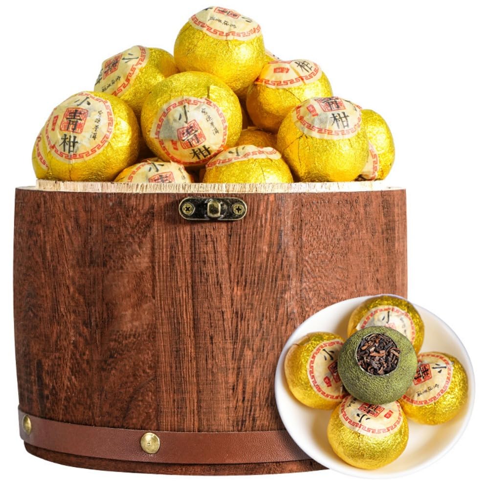 Xinhui Petite Mandarine Verte Puerh Ripetea 500g Baril En Bois Brillant Et Rond De 17,64 Oz