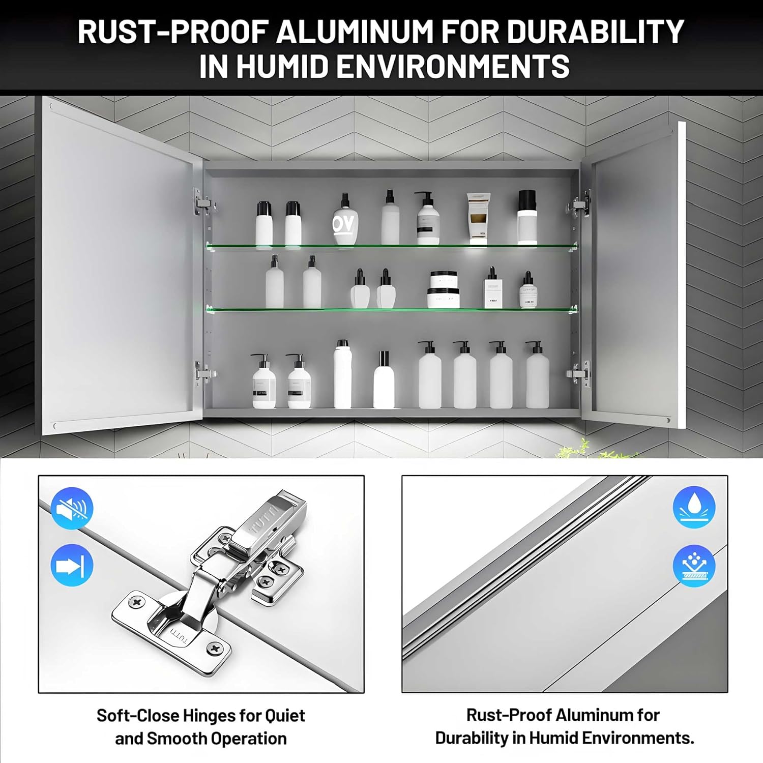 36 x 24 Medicine Cabinet Mirror for Bathroom,Assembly Required,Aluminum Alloy Frame,Recessed/Surface Mounted,Mirrored Side Panel,Adjustable Shelves,Bathroom Medicine Cabinet with Mirror