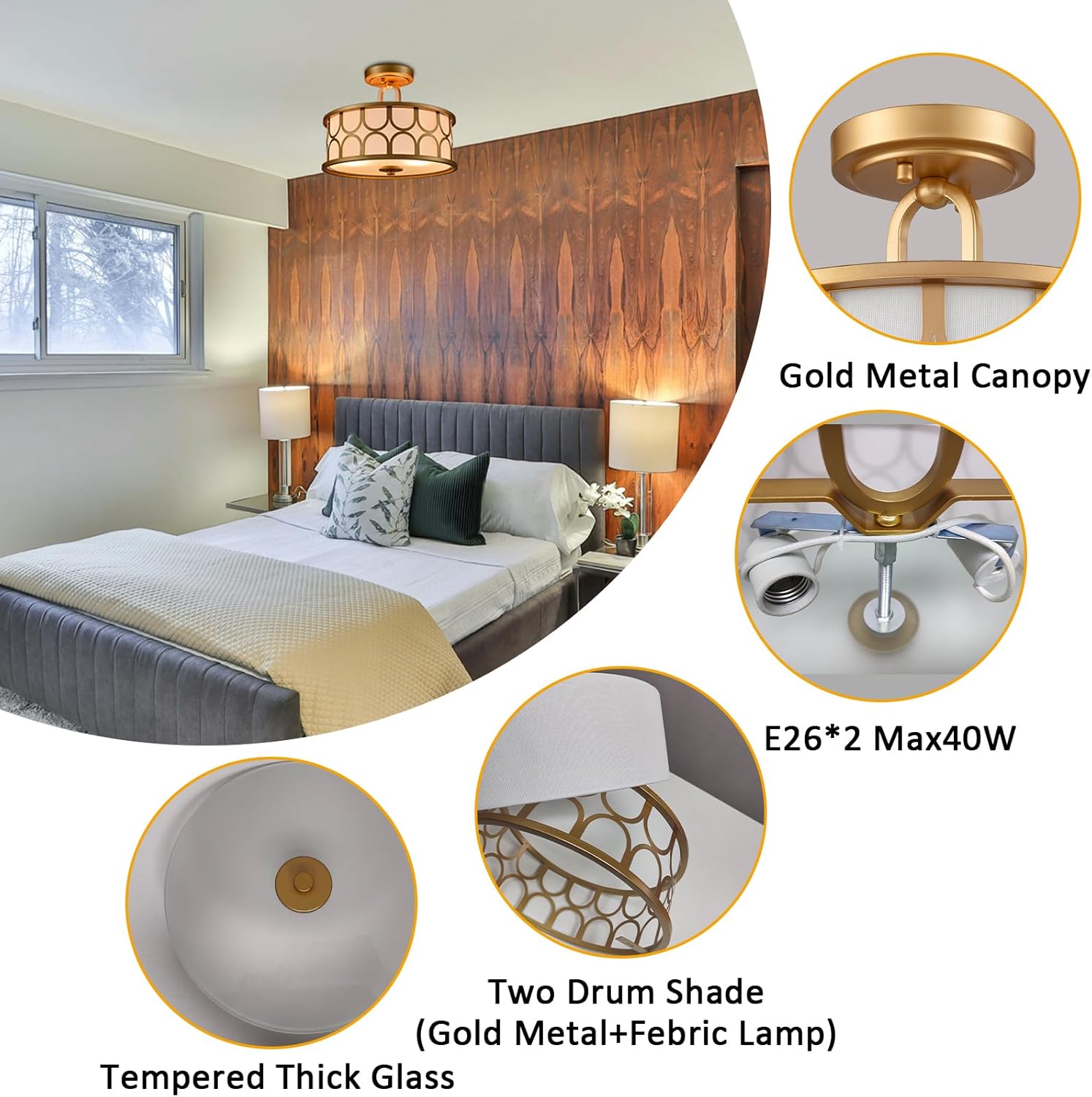 Gold Drum Semi Flush Mount Ceiling Light 12.99" 2-Light Double Modern Drum Light Fixtures Ceiling for Hallway Bedroom Living Room Porch Entryway