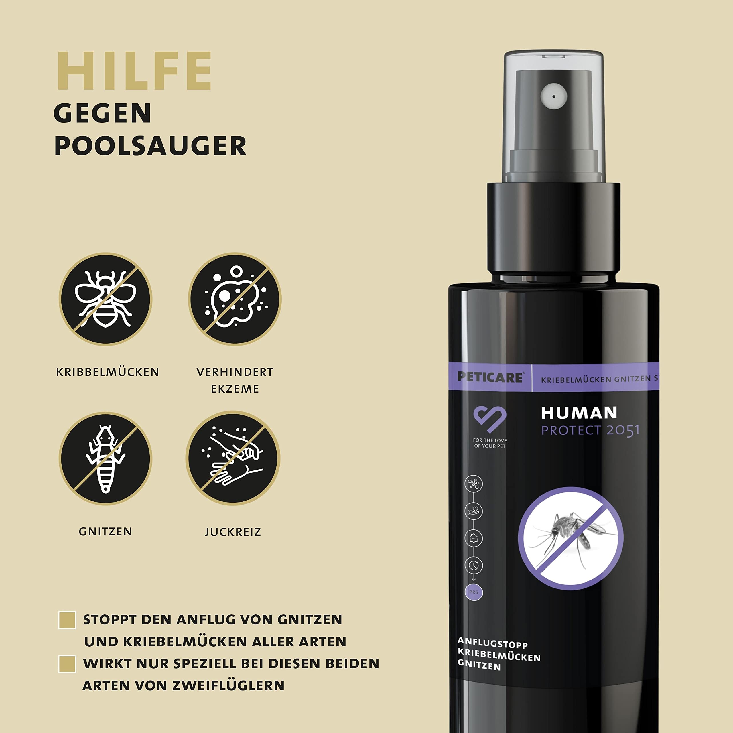 Peticare Anti-Kriebelmücken & Gnitzen Spray | Bietet Schutz bis zu 8 Stunden, für Erwachsene, Kinder | zuverlässige Abwehr | einzigartiges PRS® System für Lange Wirkung – Human Protect 2051