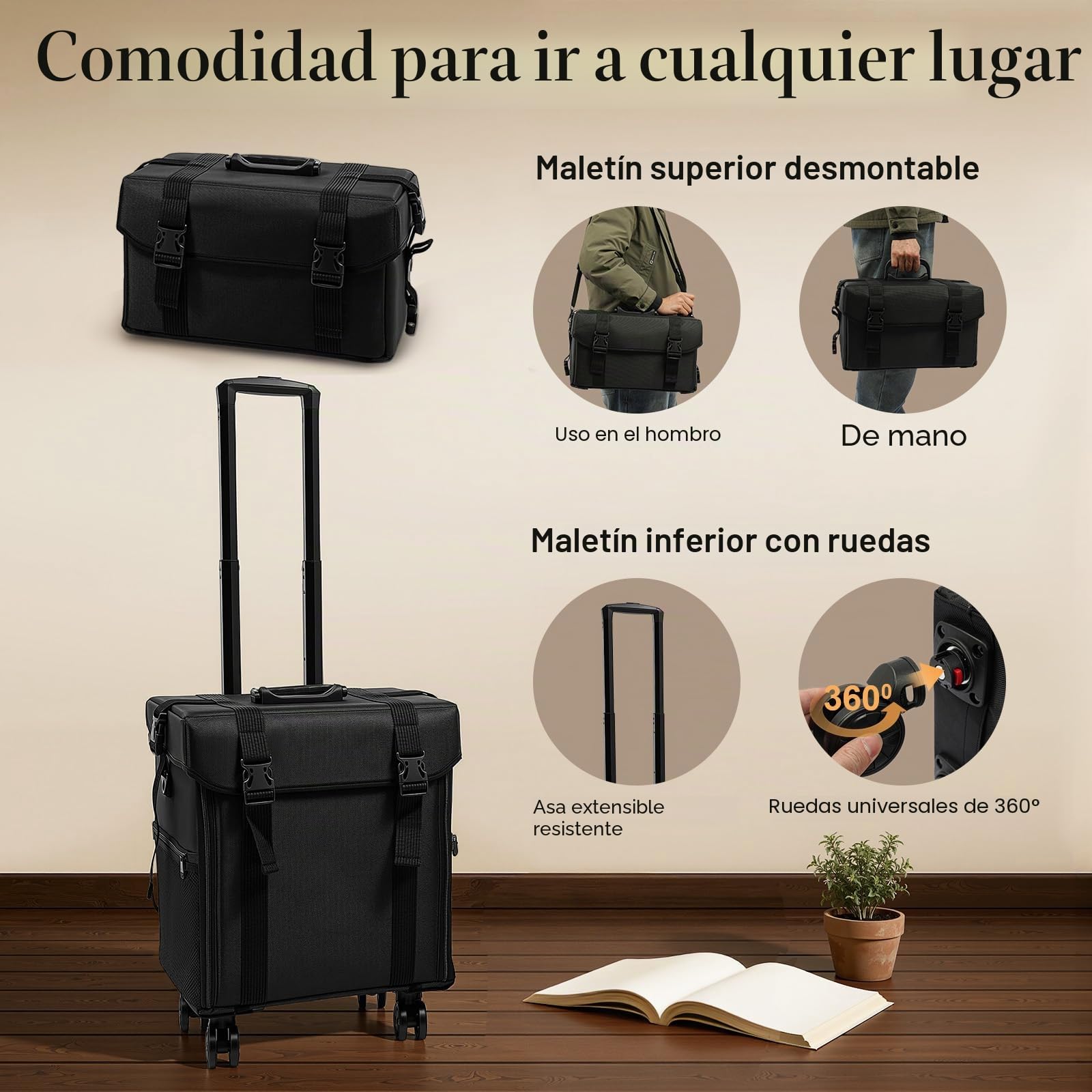 MINRS Maletín de cosméticos 2 en 1 con ruedas giratorias 360°, maletín de maquillaje, maletín de uñas, maletín de peluquería grande para peluqueros, maquilladores y manicura (negro)