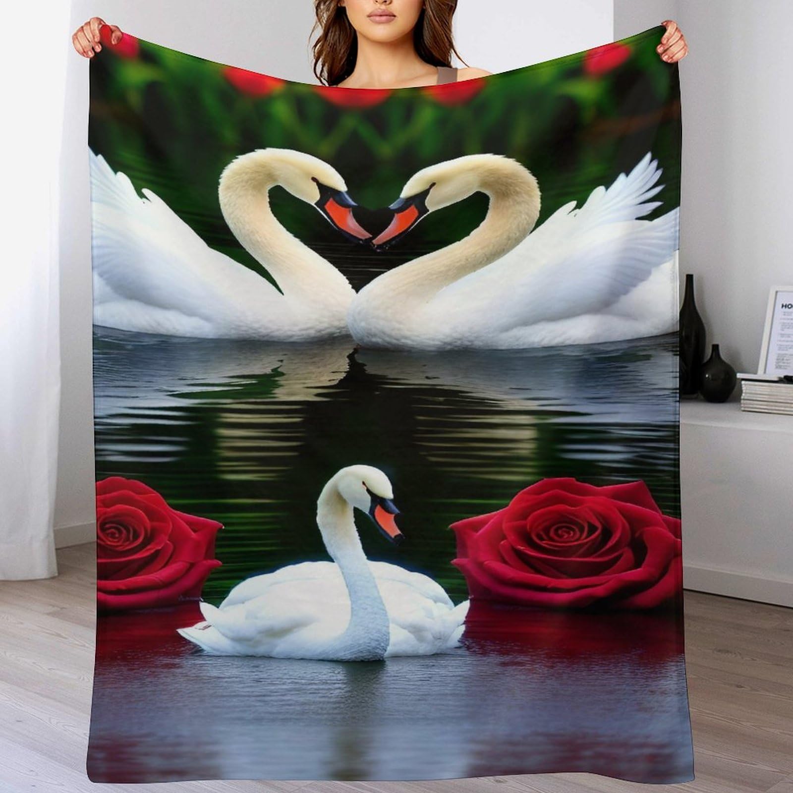 Couverture jeté flannel cygne 100x130 cm plaid doux et chaud pour canapé