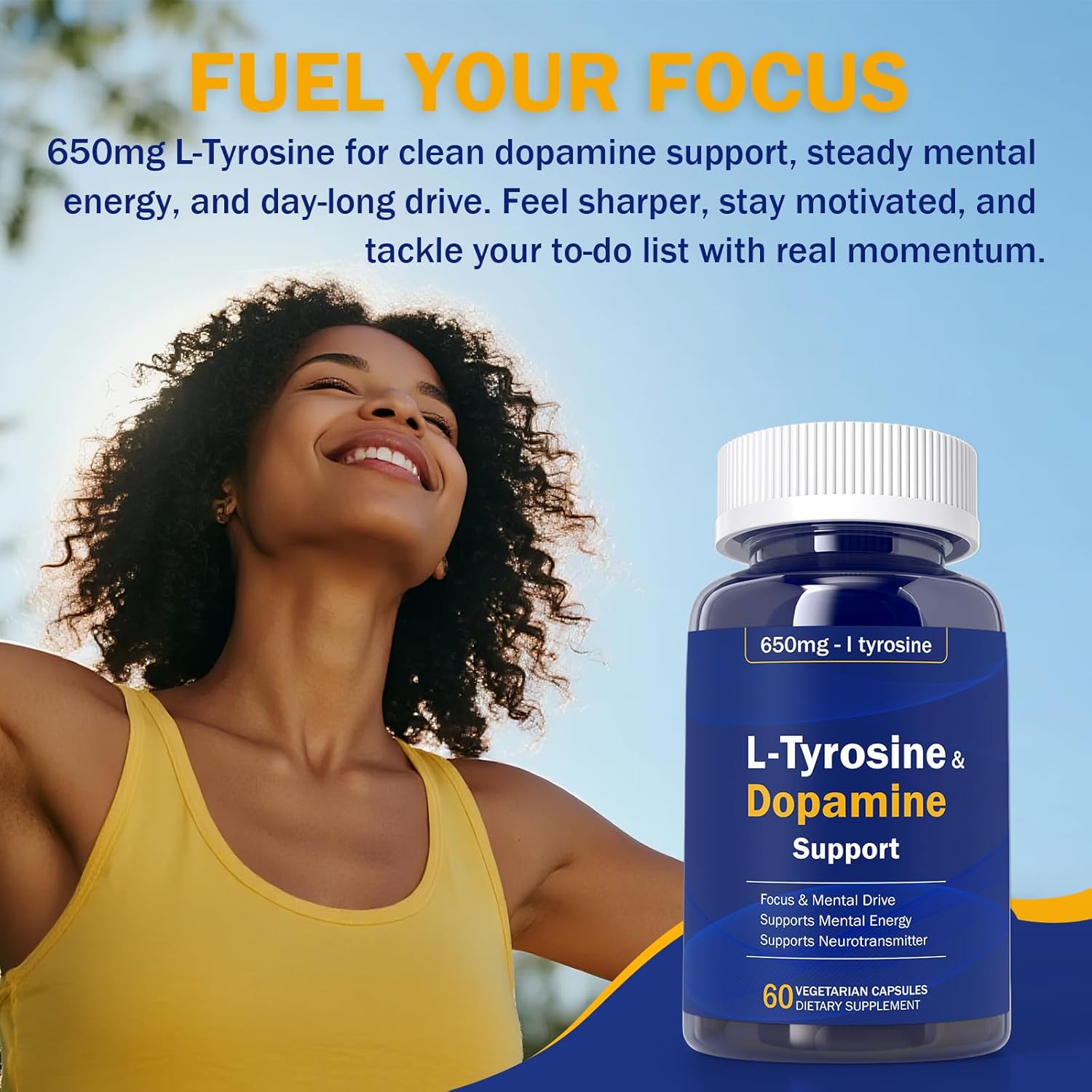 Dopamine Brain Food - 650 mg L-Tyrosine Supplement - Dopamine Support for Focus & Mental Drive - Supports Mental Energy & Neurotransmitter Function with B Vitamins - 60 Capsules - Image 6