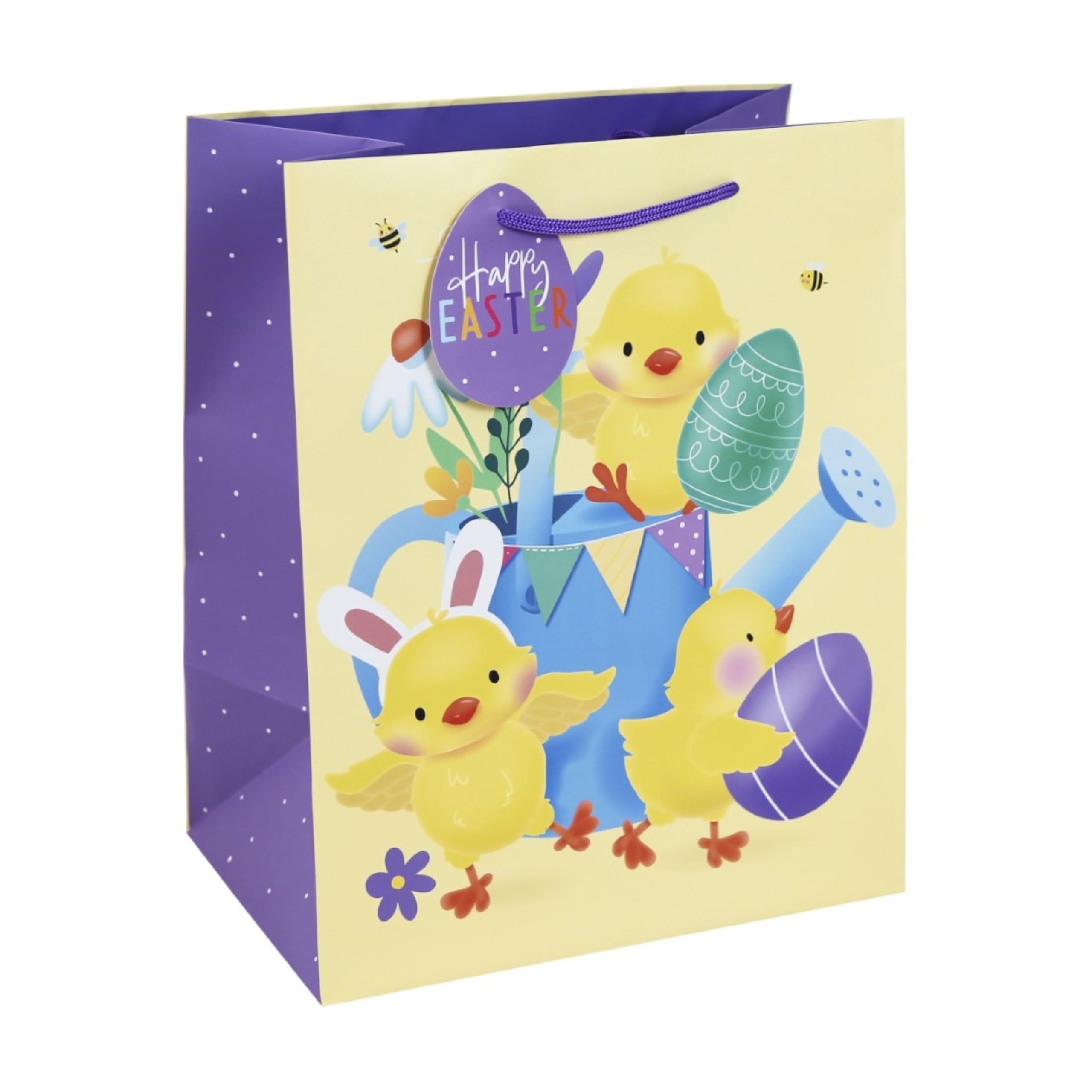 Large Happy Easter Gift Bag Chicks in Watering Can with decorated Eggs 13x10.5"