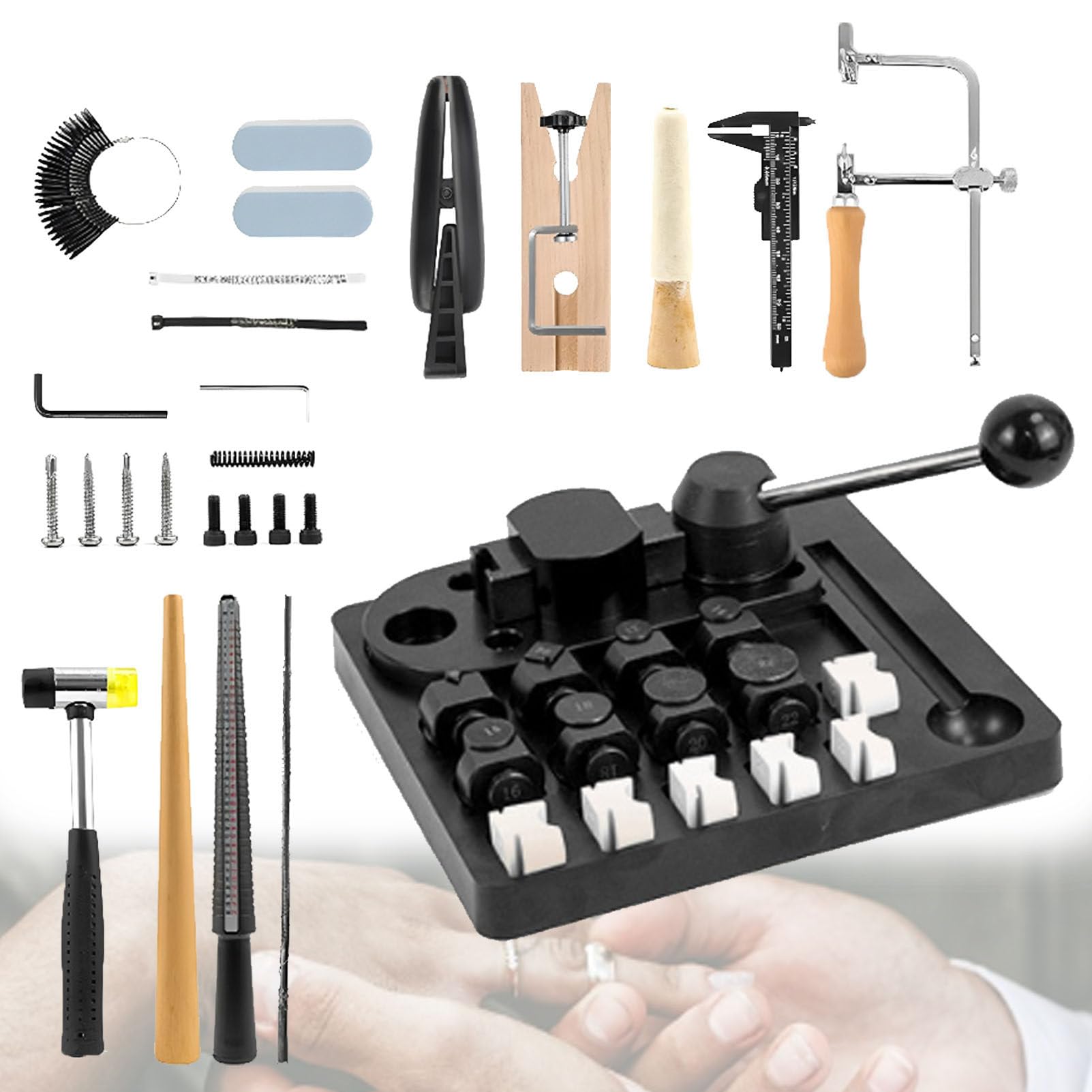 YXYLJOZ Ring Bending Machine, with Measurement Tool, Metal Dies, Wood Clip, Rubber Hammer, Earring Bending Machine for Jewelry Making