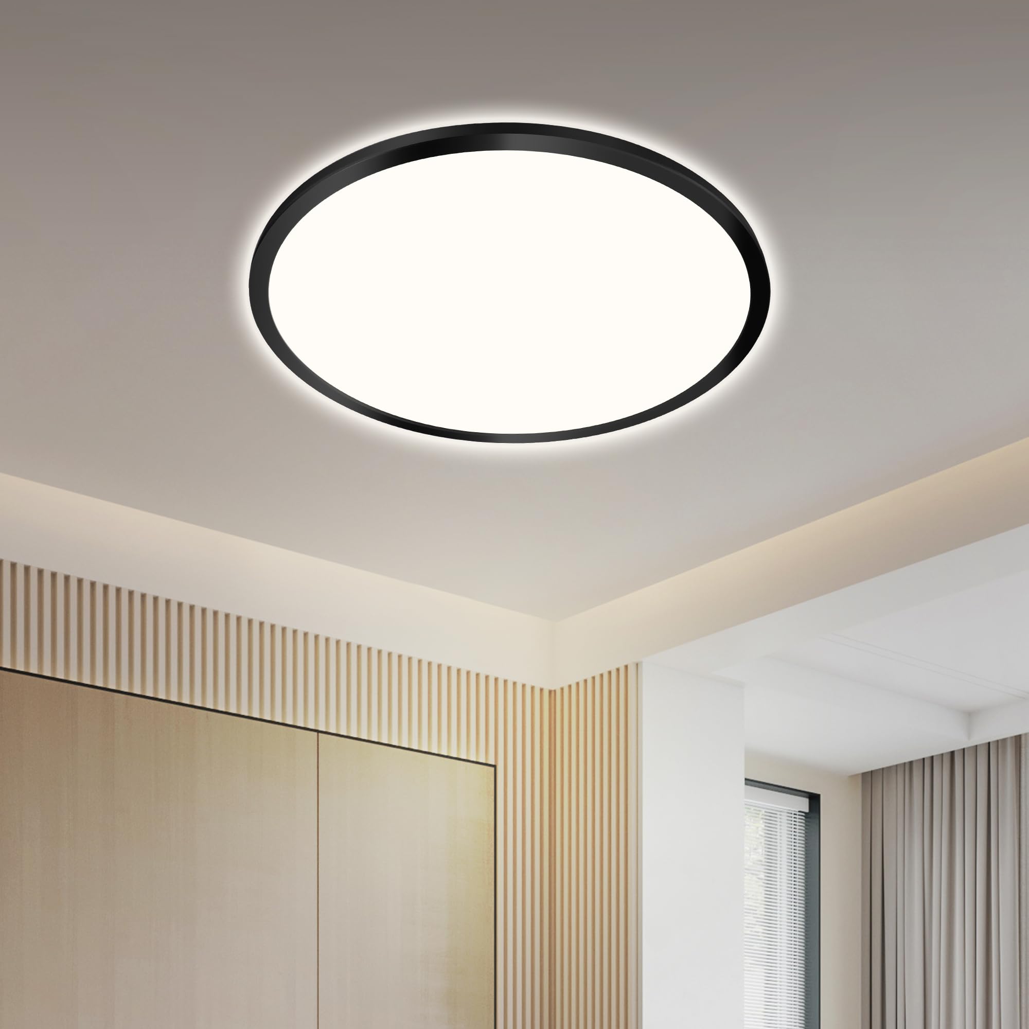 ONDTA LED Deckenleuchte Flach Schwarz 22W, 4000K Neutralweiß 2800LM Deckenlampe Küche, IP44 Wasserfest Badlampe Decke, Ultra Dünn LED Panel für Flur Wohnzimmer Schlafzimmer Büro Balkon, Rund Ø42cm