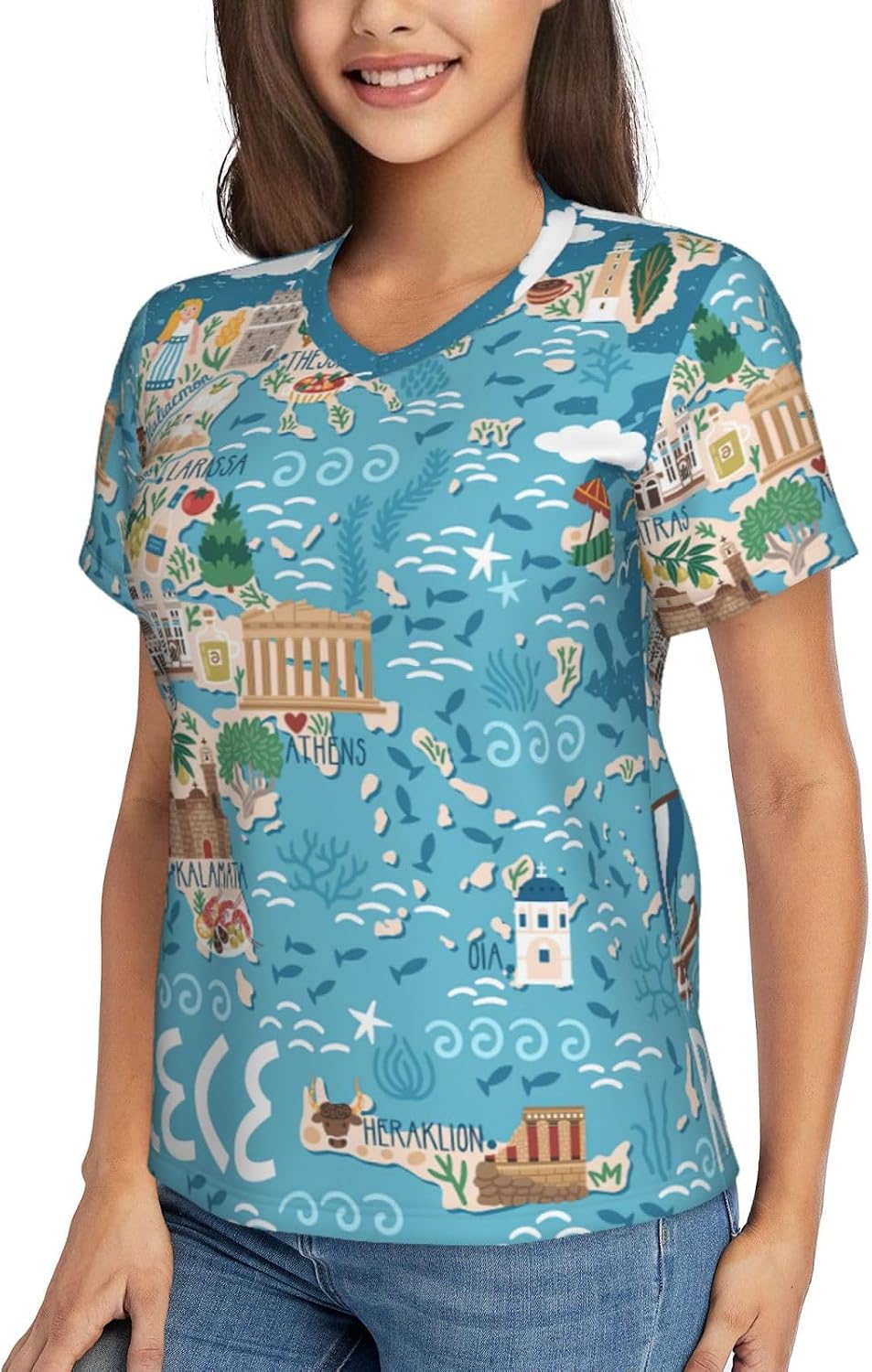 Womens Greece Map Print Short Sleeve V Neck T-Shirts Casual Breathable Tee Basic Summer Tops 2026