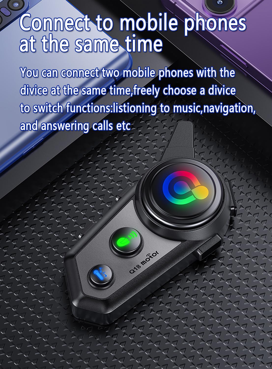 Intercomunicador Bluetooth para Motocicleta,Q18 Intercomunicador de Casco con Música Compartida, 1000m 2 vías Intercomunicador de Moto Reducción de Ruido CVC Respuesta Automática
