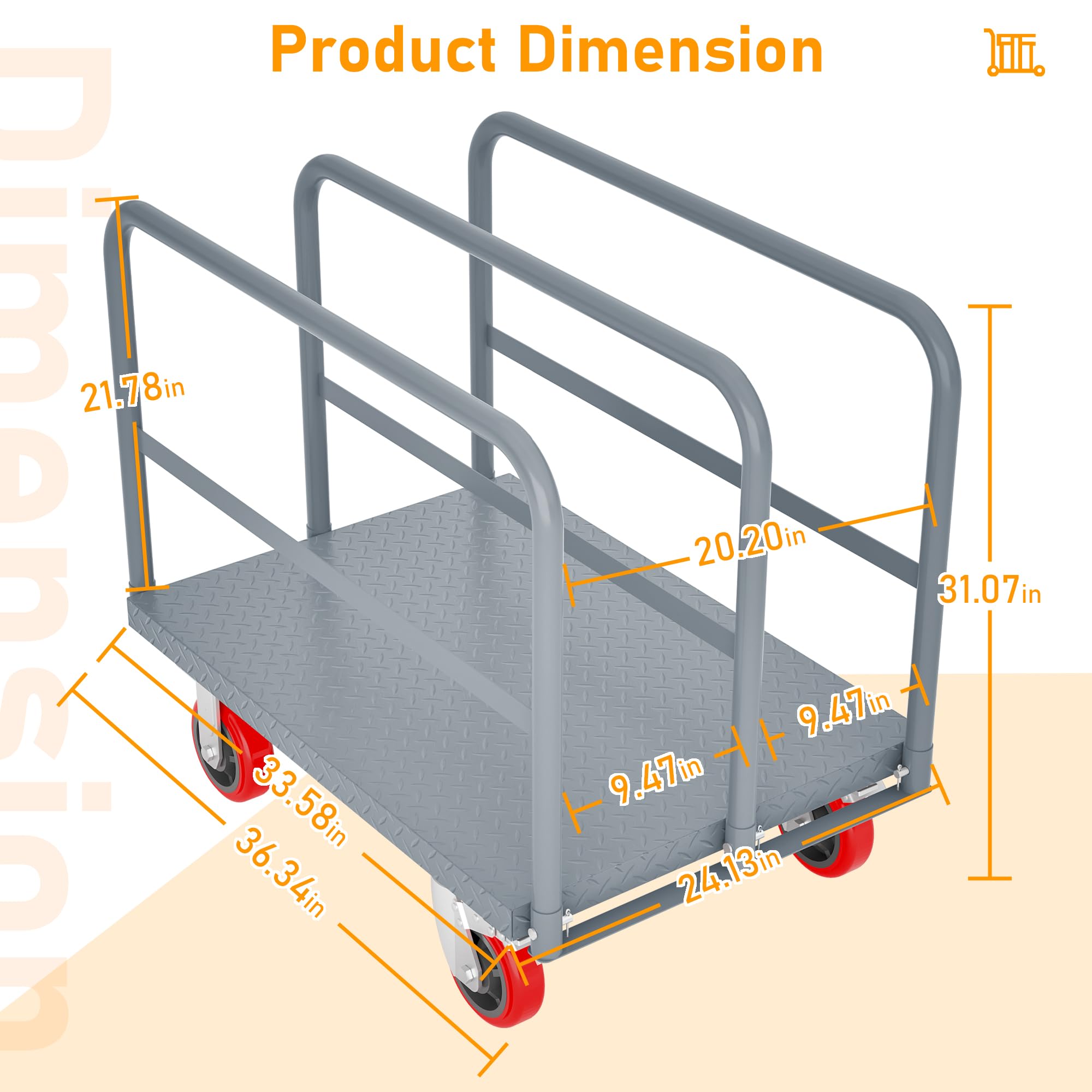 Steel Panel Truck Cart, 36 x 24 Inch Heavy Duty Flatbed Cart with 6 Inch Swivel Caster, Platform Trucks 2000LBS Capacity, Lumber Drywall Mattress Cart Transporting Heavy Loads with 3 Side Handrails