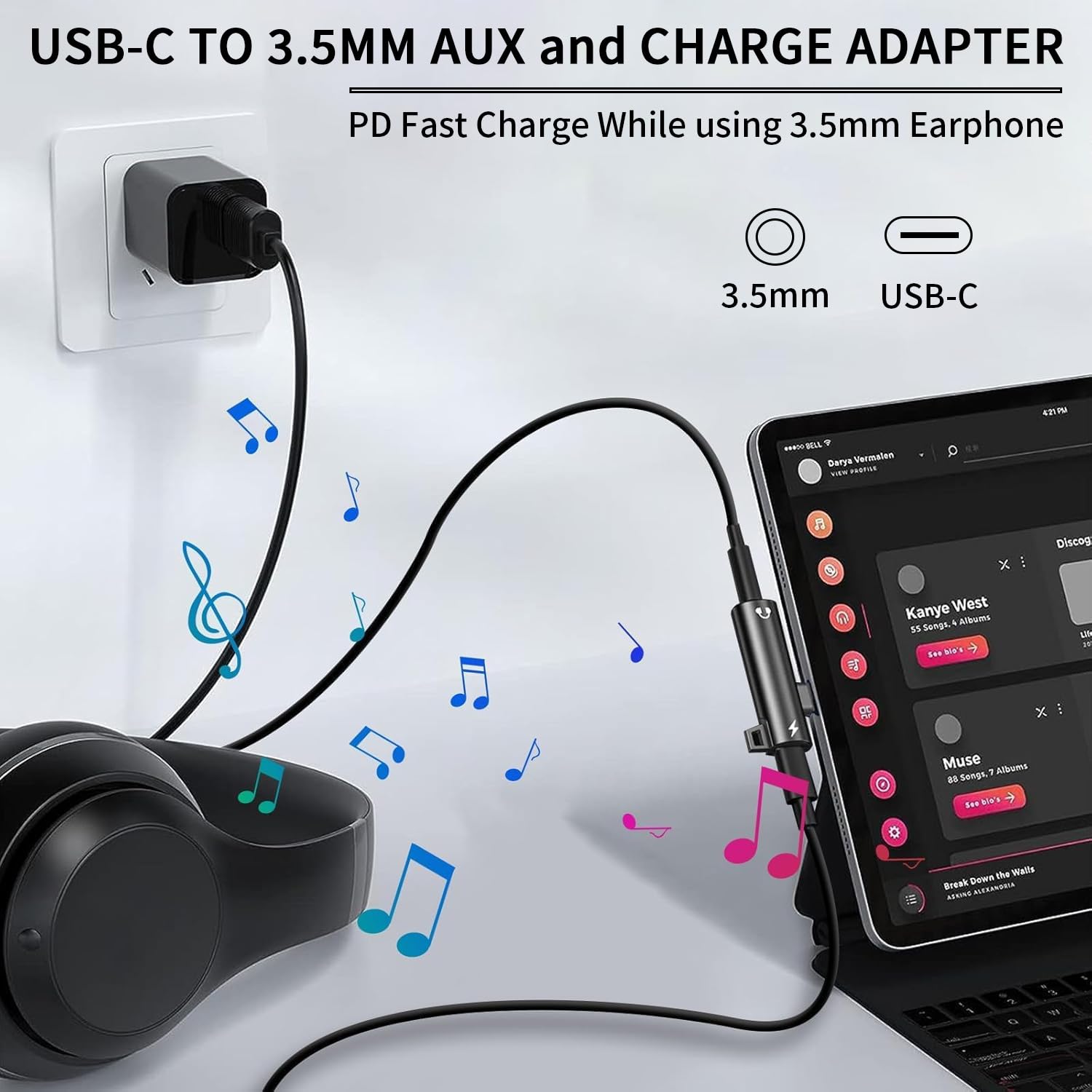 Zoerbufan Adaptateur USB C Jack 3.5mm Avec Charge Rapide PD, Prise Type C Vers AUX