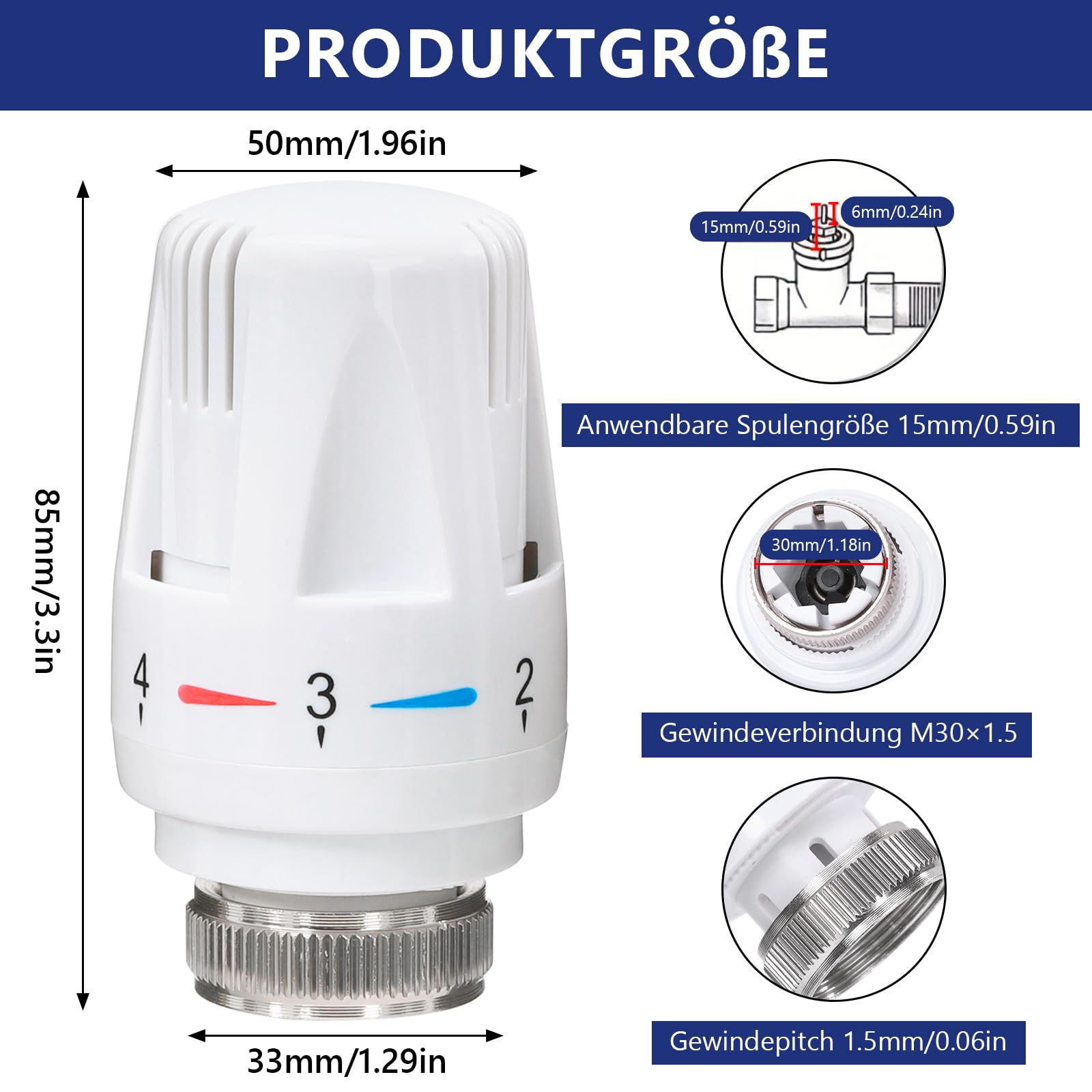 Thermostatkopf Heizungsthermostat Heizkörperthermostat Heizungsregler Heizkörperventil für Gewinde M30x1,5 für Büro und Zuhause (6 Stück)