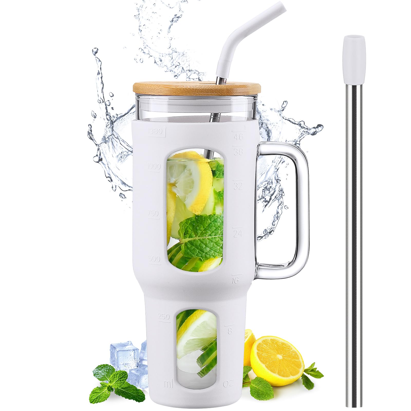 BLUEGO Glass Tumbler with Lid and Straw, 1400ml Iced Coffee Cup with Handle, Borosilicate Water Bottles with Silicone Sleeve