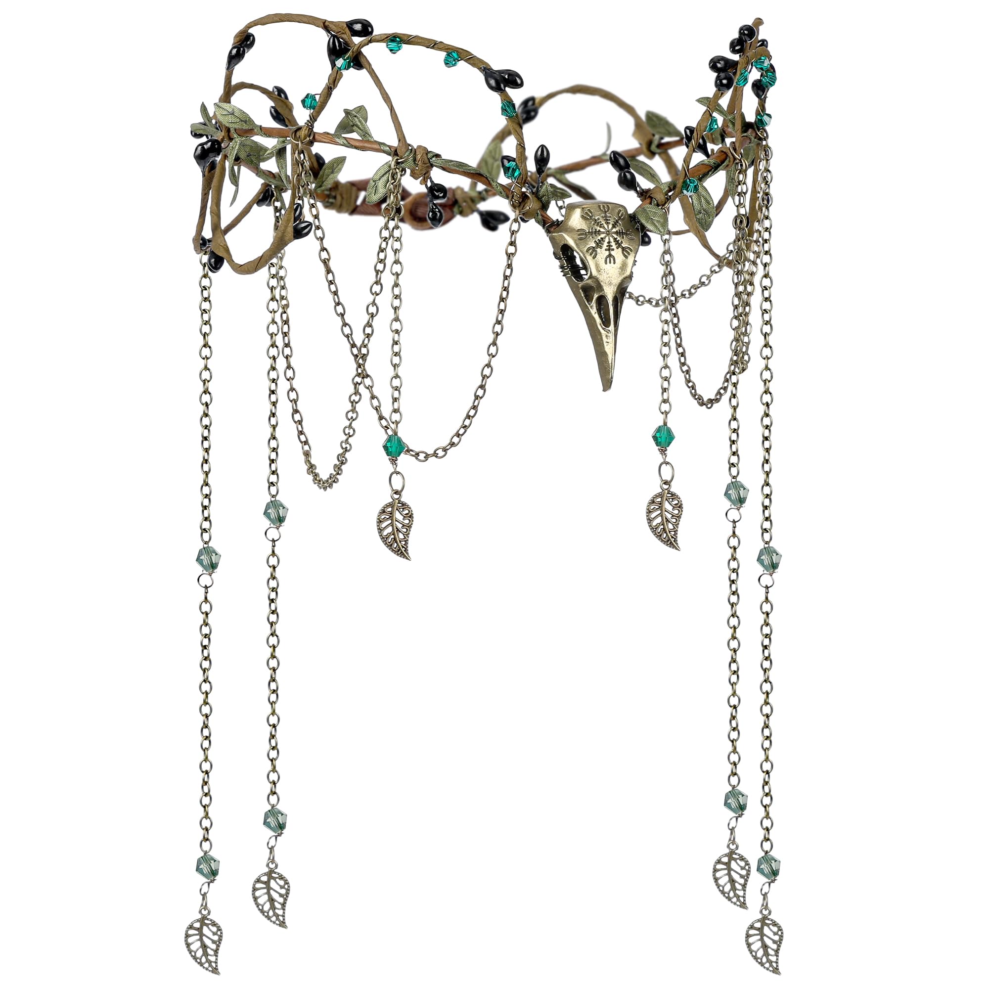 MOSTORY Viking Fairy Crown for Medieval Costume Women, Green Headpiece with Tassel and Crow for Renaissance Cosplay Fancy Festival Season Book Day Halloween Dress Accessories