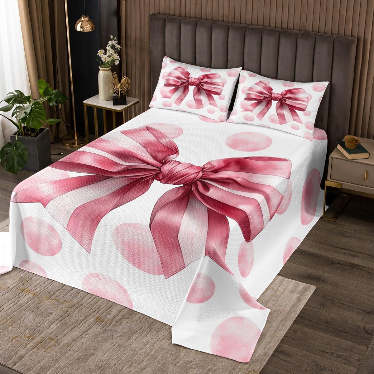 Cartoon Bowknot Quilt Set for Kids Teens,Pink Stripe Bow Bedspread Coverlet,Wave Point Bed Cover Candy Bows Bedding Set Decorative Quilted 2 Piece Coverlet with 1 Pillow Sham,Twin Size