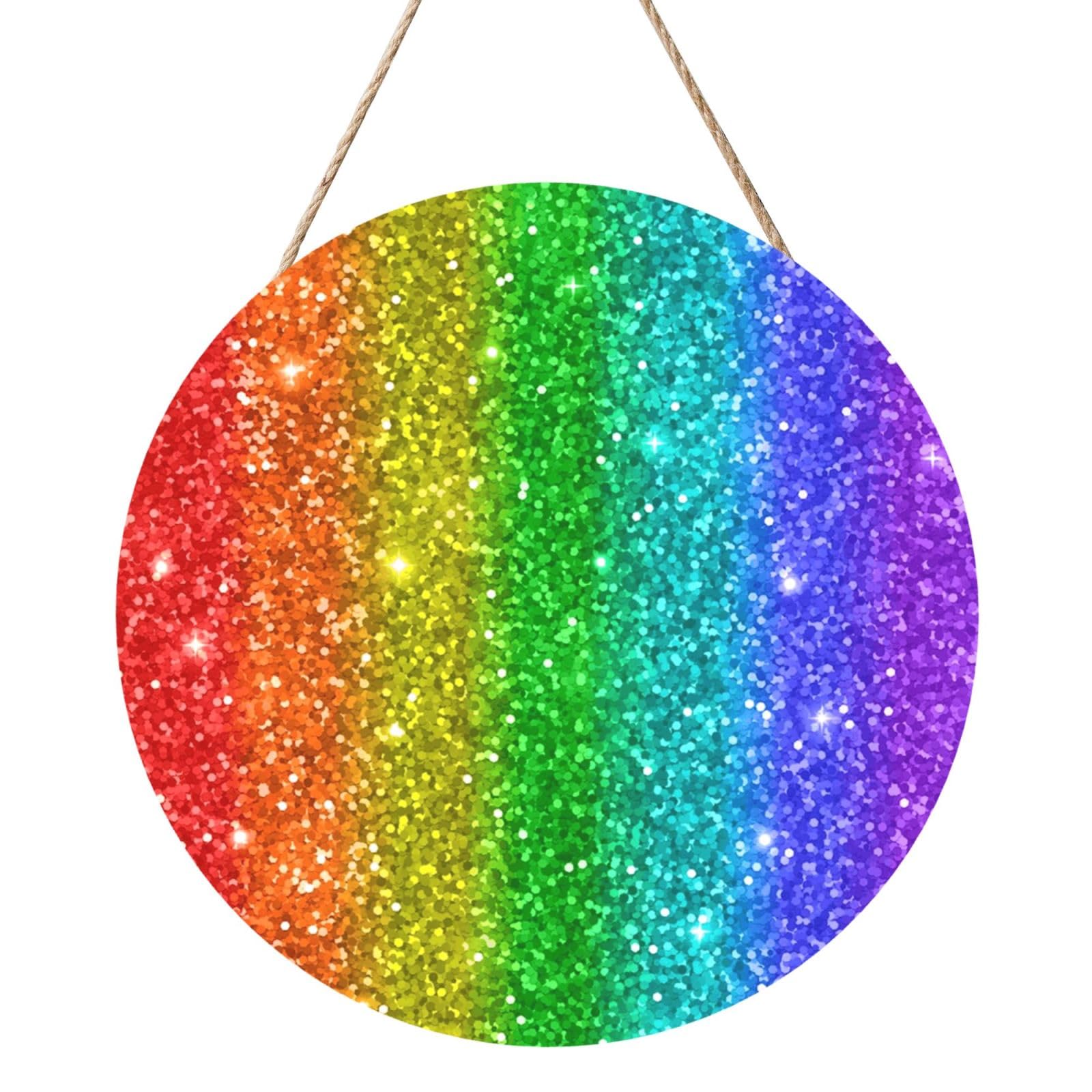 InOmak Rainbow Looks Like With Sequin, Round Wood Panel Painting 12 in, Wall Hanging Painting For Home