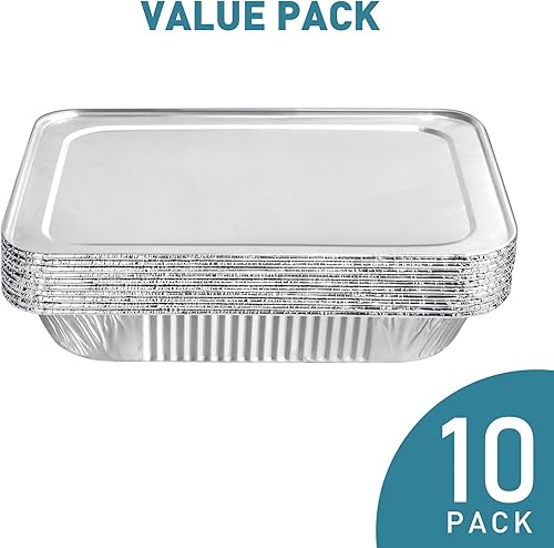 Miniatura 2 de XIAFEI Sartenes de papel de aluminio de 9 x 13 con tapas (paquete de 10), sartenes desechables de papel de aluminio profundo de tamaño medio,