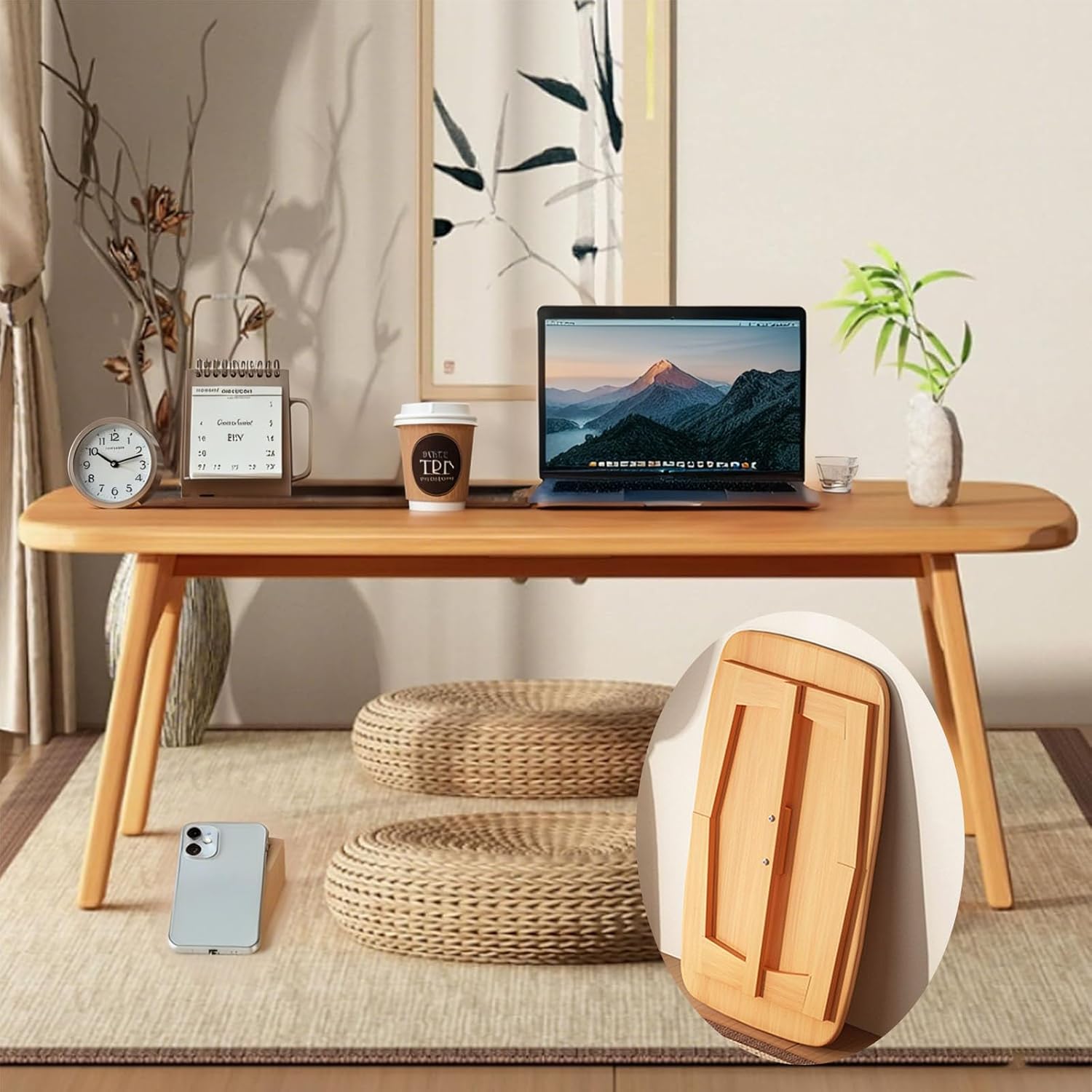 Japanese Floor Table Bamboo Wood Japanese Folding Table for Tatami, Tea, Meditation, Dining - Portable & Easy Storage, No Assembly Required - Compact Design for Sitting on Floor Original Wood