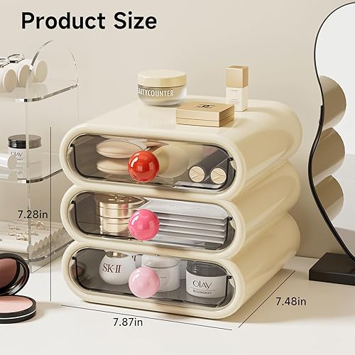 Miniatura 3 de Organizador de almacenamiento de 3 cajones, juego compacto de organizador de cajones de tocador para maquillaje, pequeña caja de almacenamiento de