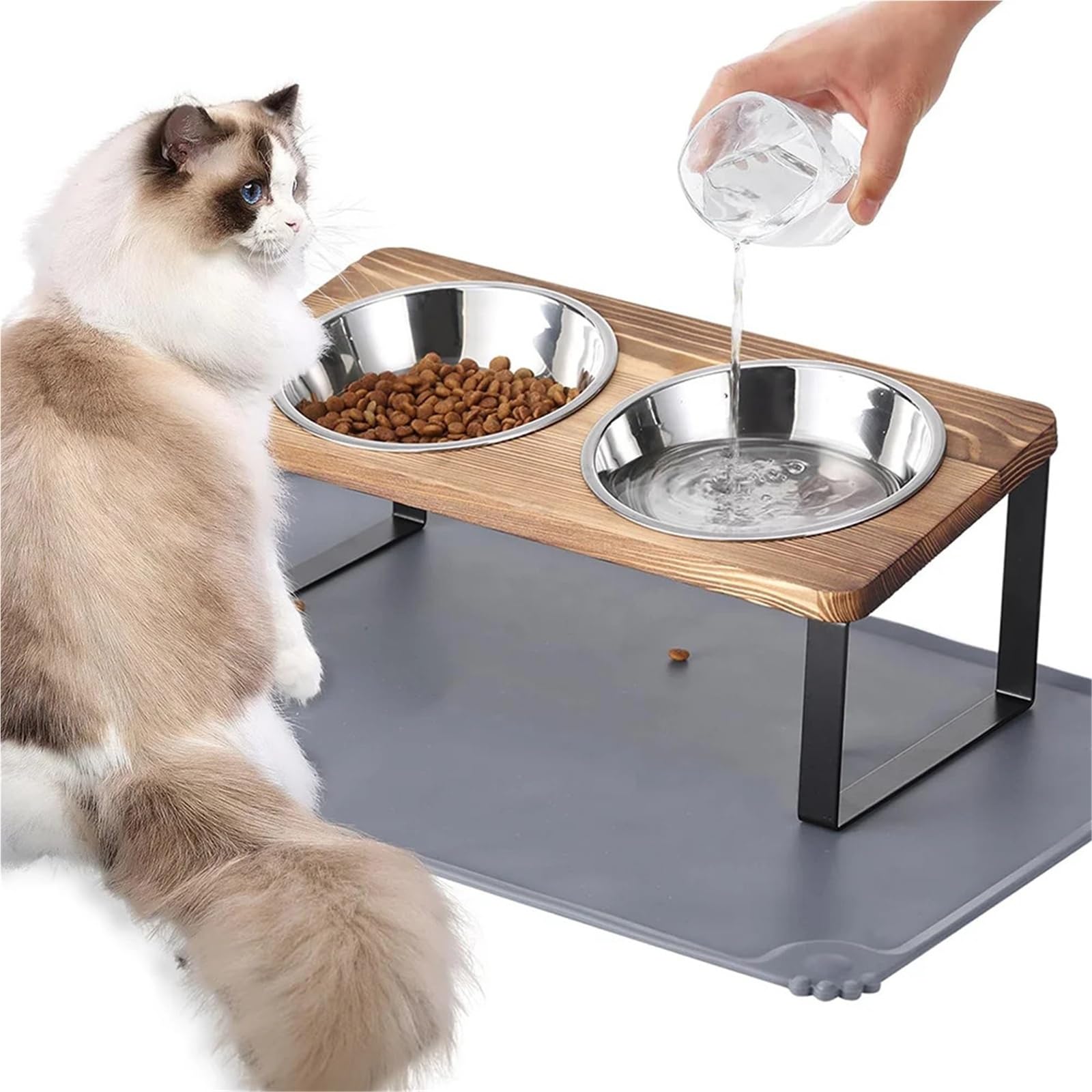 Um 15° geneigte Katzennäpfe mit Matte. 2 Edelstahlnäpfe