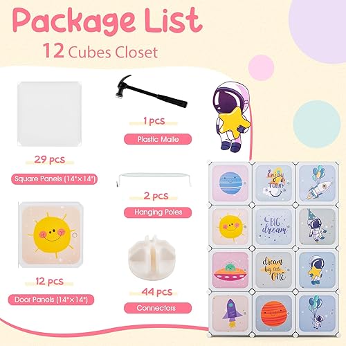 Miniatura 8 de INFANS Armario para niños, armario portátil para bebé, lindo para dormitorio de niños, armario de guardería con puertas, 12 cubos, 2 secciones para