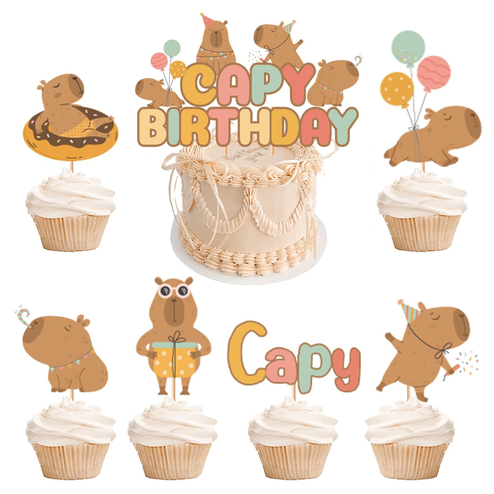 Nymora Capybara Birthday Decorations - Cake Topper & Cupcake Toppers Set, Summer Chill Style Capybara Party Decorations for Ages 1-10