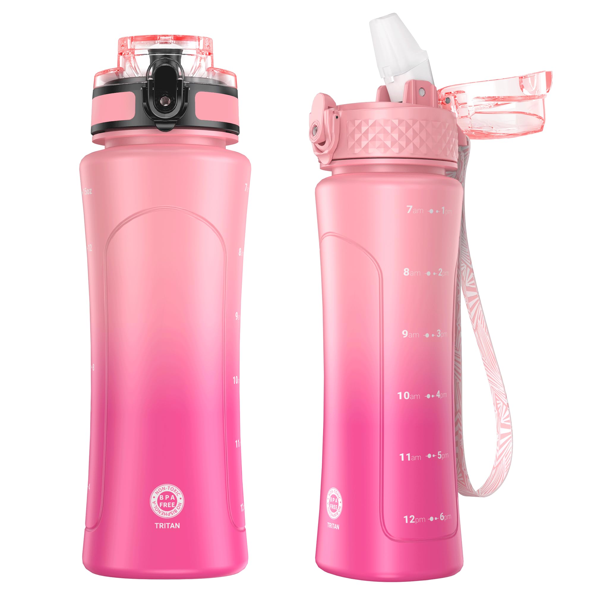 OLDLEY Kids Water Bottle for School with Straw Chug Lid, 15 oz Unbreakable Leak-Proof BPA-Free Motivational Water Bottles with Time Marker for Travel