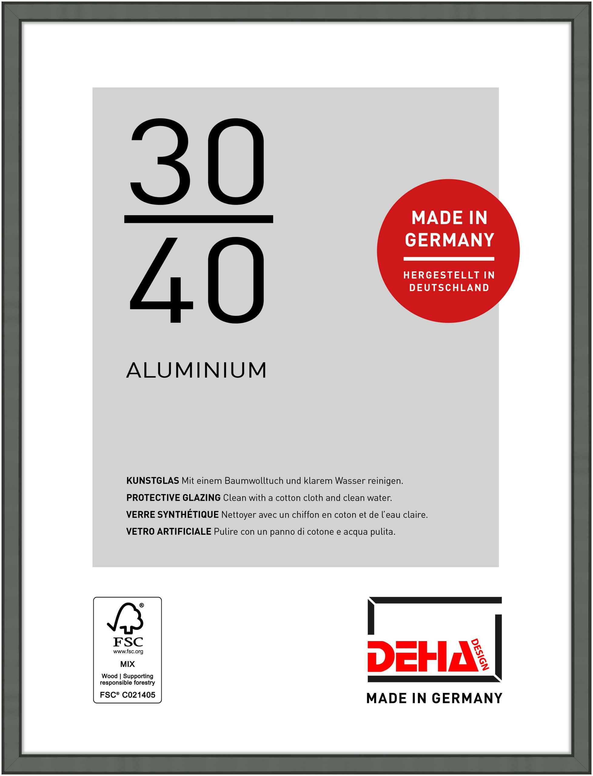 DEHA Design Boston Aluminium Picture Frame - 30x40 cm – Grey - with Synthetic Glass and Push/Turn Clips
