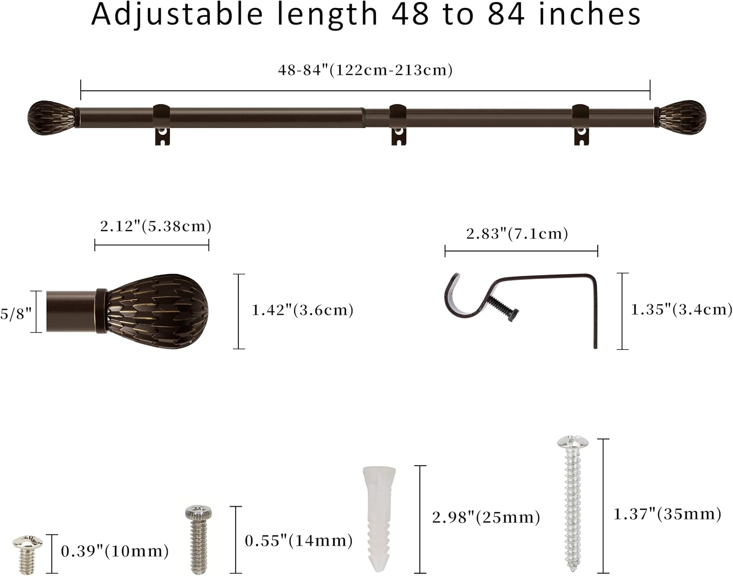 5/8" Single Curtain Rod with Brun Finials 2 Set, Bronze Gold Finish, 48"-84"