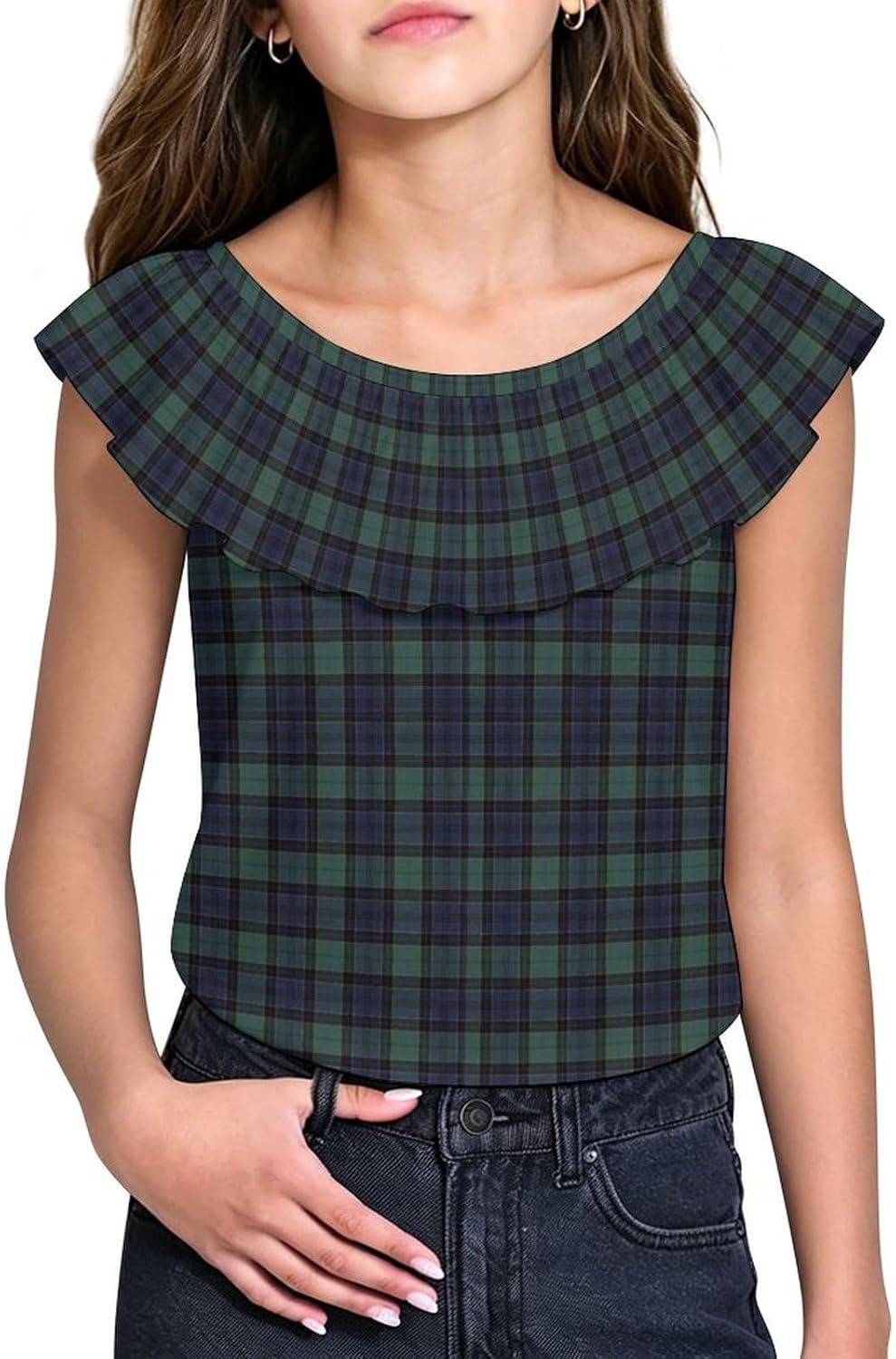 Scottish Blue-Green Plaid Girls T-Shirts Top Ruffle Short Sleeve Blouse Casual Graphic Tees