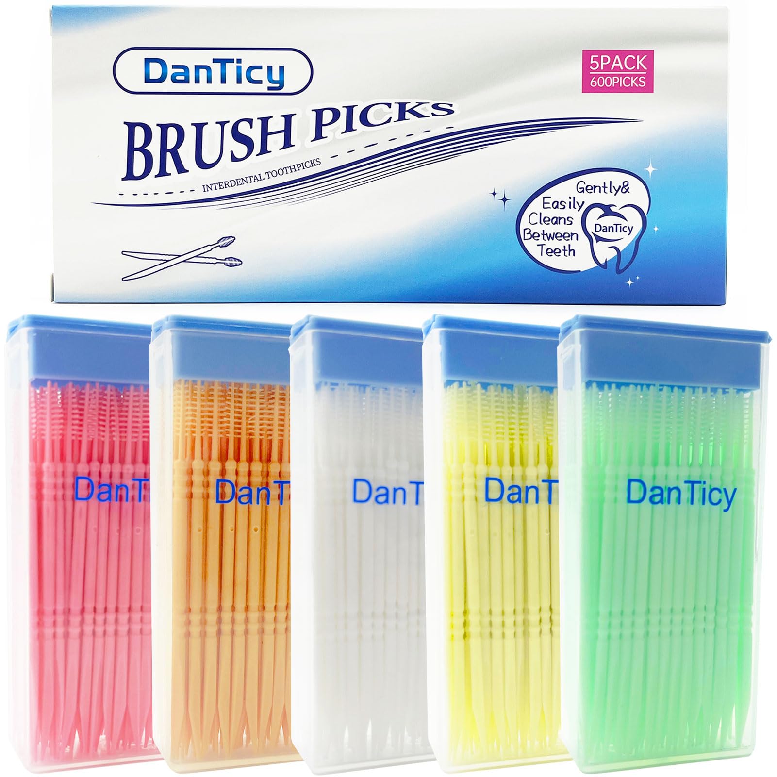 Brushpicks Interdental Toothpicks,Soft Bristle Dental Floss Picks Toothpicks,Helps Removes Plaque and Debris Between Your Teeth 600PCS (Pack of 5) Mixed Flavors