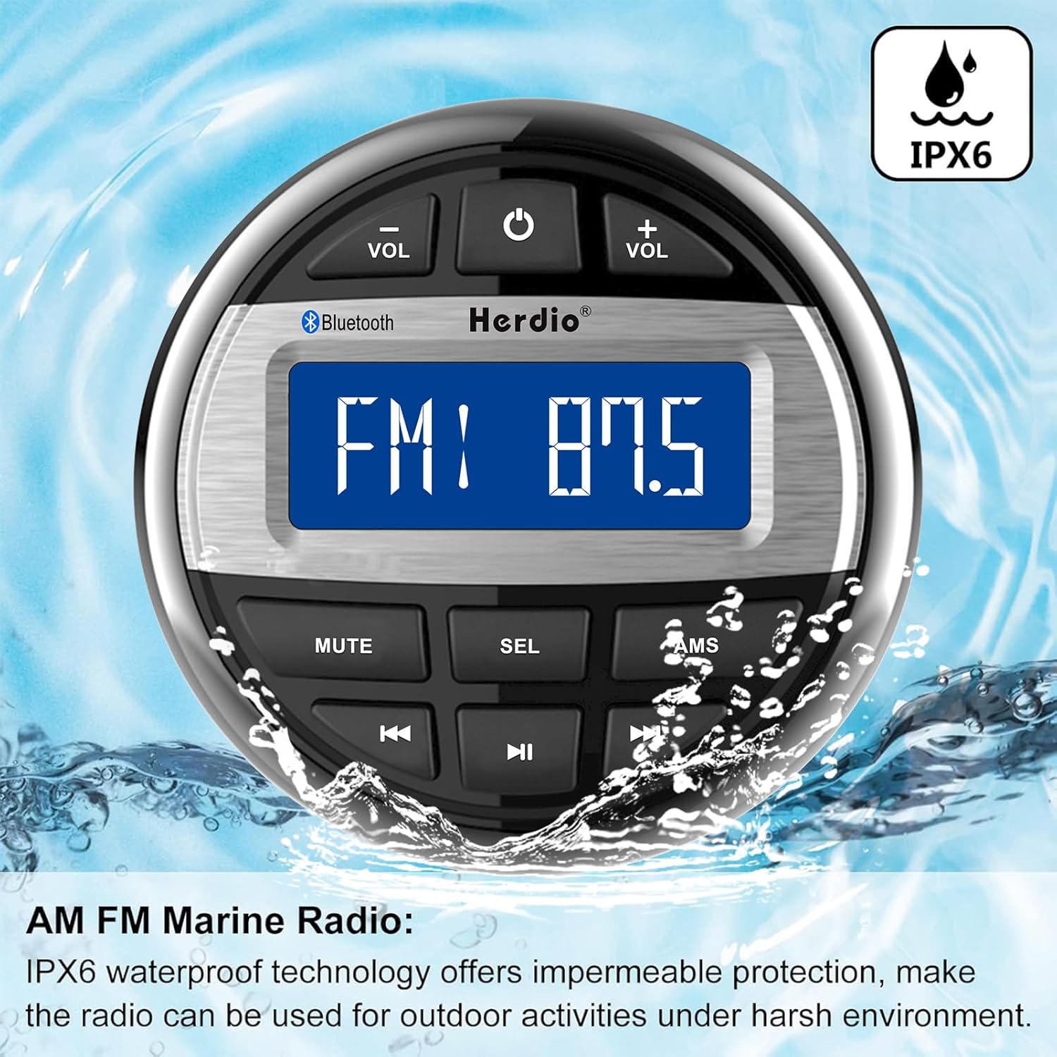 Herdio Marine Bluetooth Receiver -AM FM Radio and 4 inch Waterproof Speakers(2 Pairs)+Black Antenna for Boat Yacht ATV UTV
