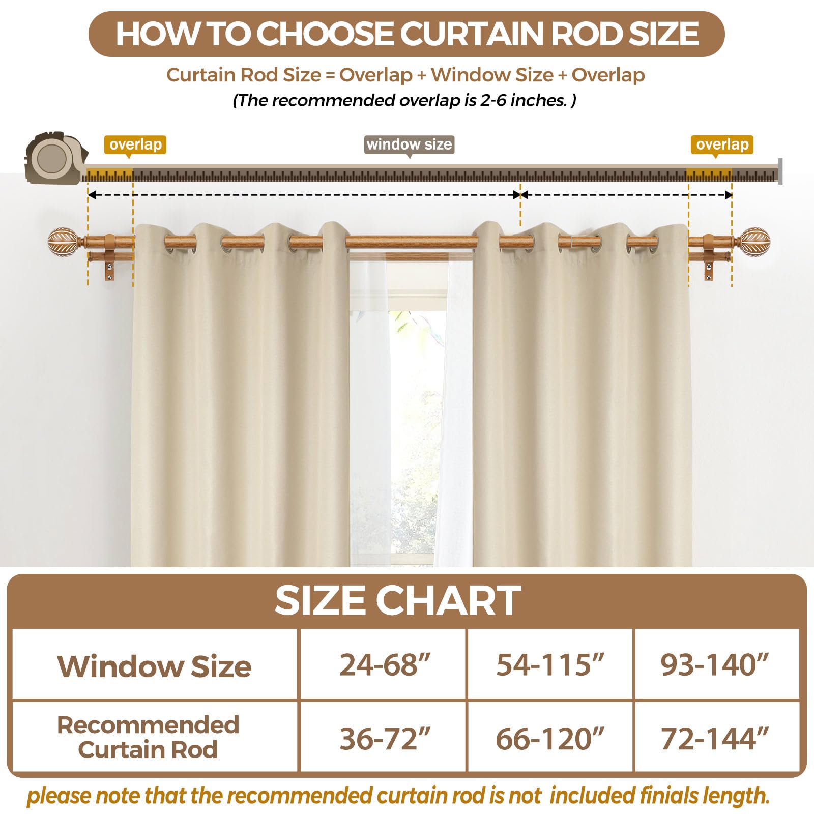 KAMANINA Tringle à rideaux double en bois de 2,5 cm pour fenêtres de 167,6 à 304,8 cm (1,5 à 3 m) – Tringles à rideaux décoratives très résistantes avec embouts à motif de feuilles – Grain de bois
