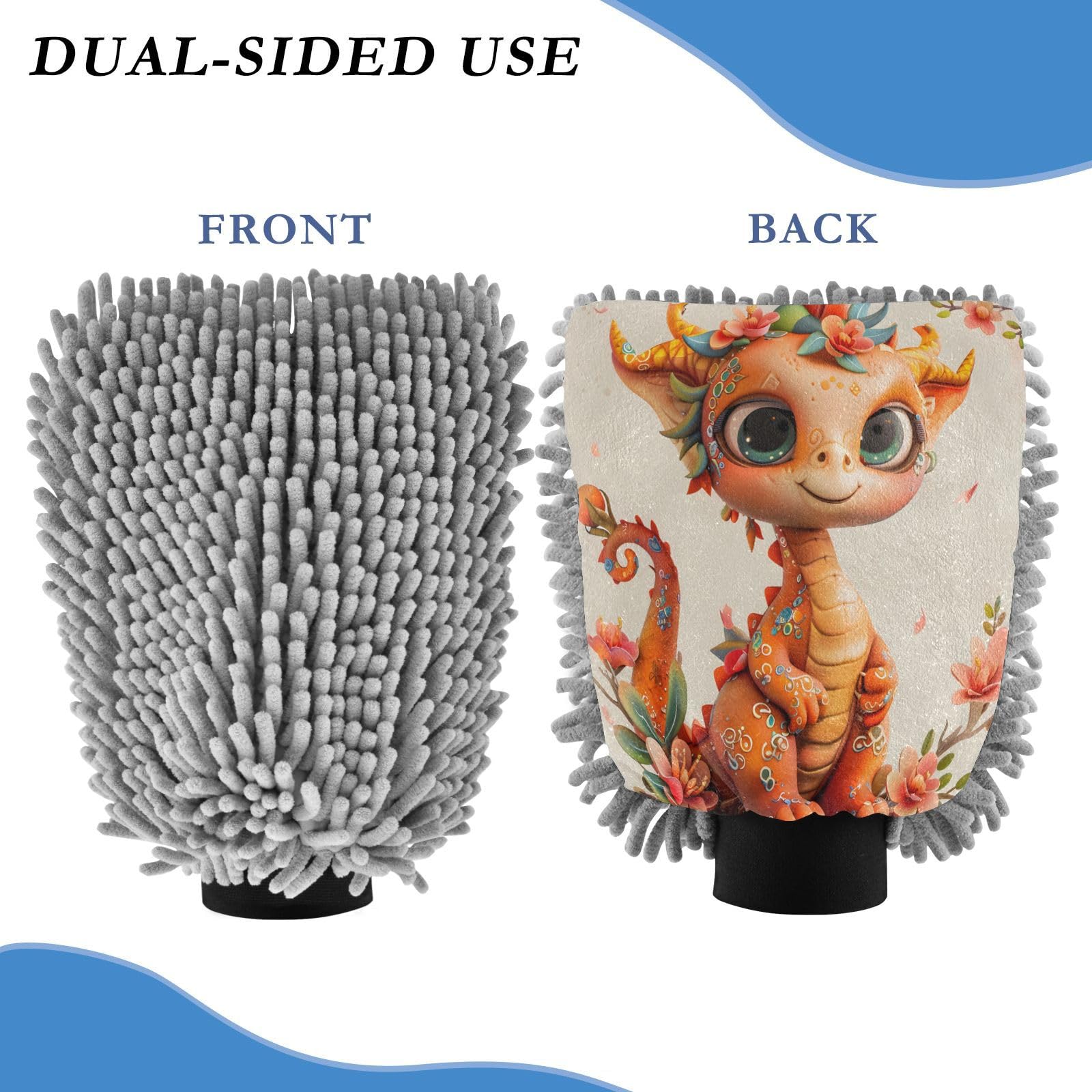 ALAZA Cute Dragon Cherry Blossom Car Wash Mitt Scratch Free, 2 Pack Absorbent Microfiber/Chenille Washing & Drying Mitts, L