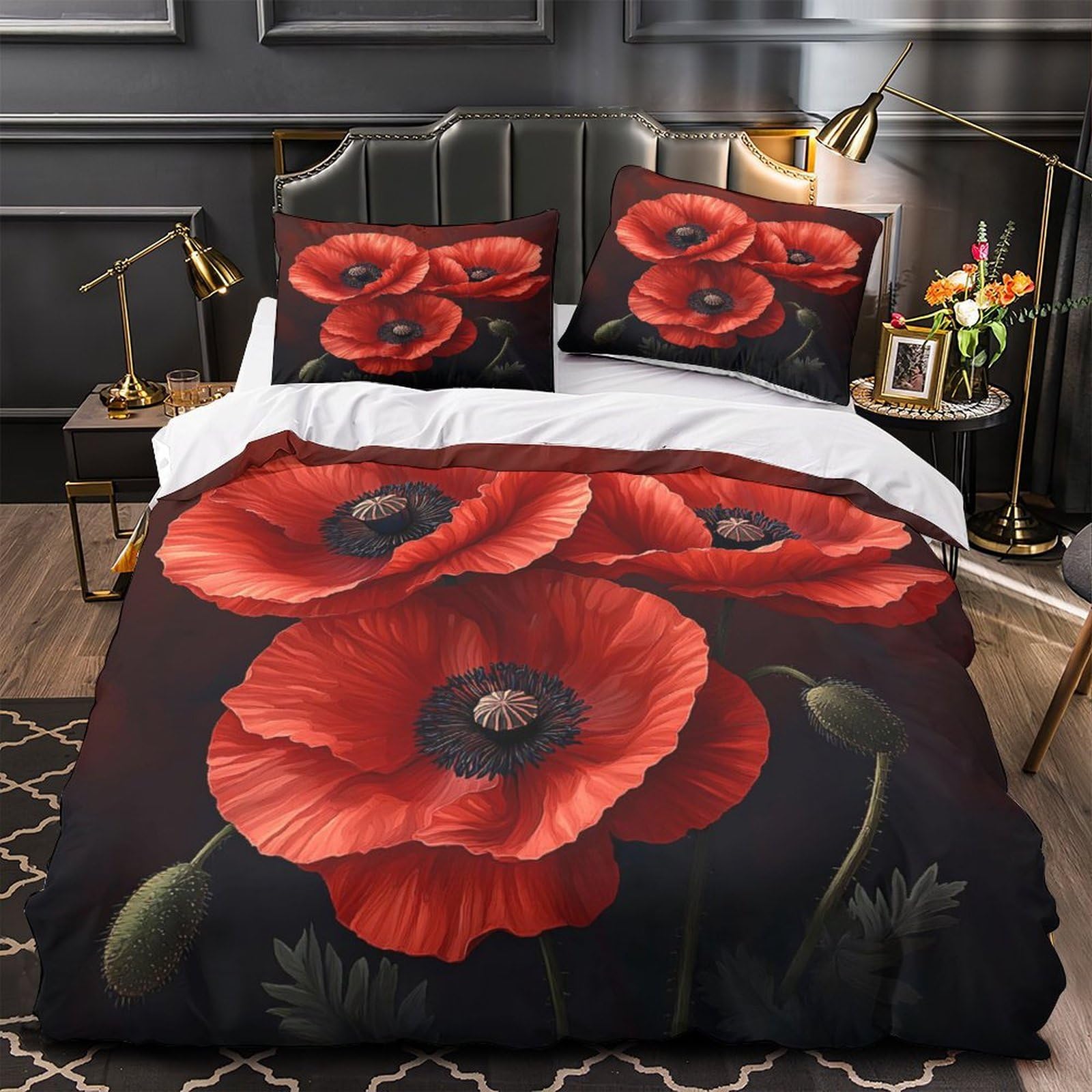 Housse de couette coquelicots rouges 140x200 parure de lit microfibre imprimé 3D botanique