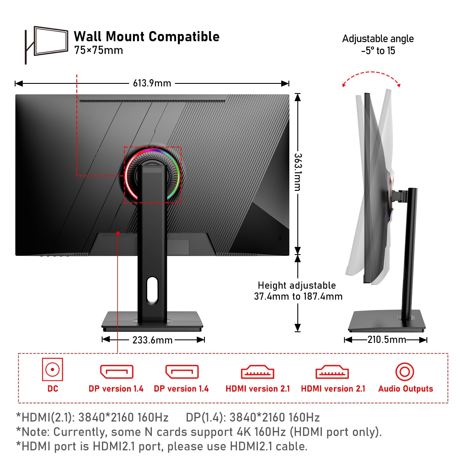 Gawfolk 27 inch IPS PC Screen, 4K Gaming Monitors 160Hz, 1ms,AdaptiveSync, 100%sRGB, 178° Wide Viewing Angle, HDMI 2.1, DisplayPort,Height-adjustable and swivel,75*75MM Wall Mount Compatible - Black — view 6