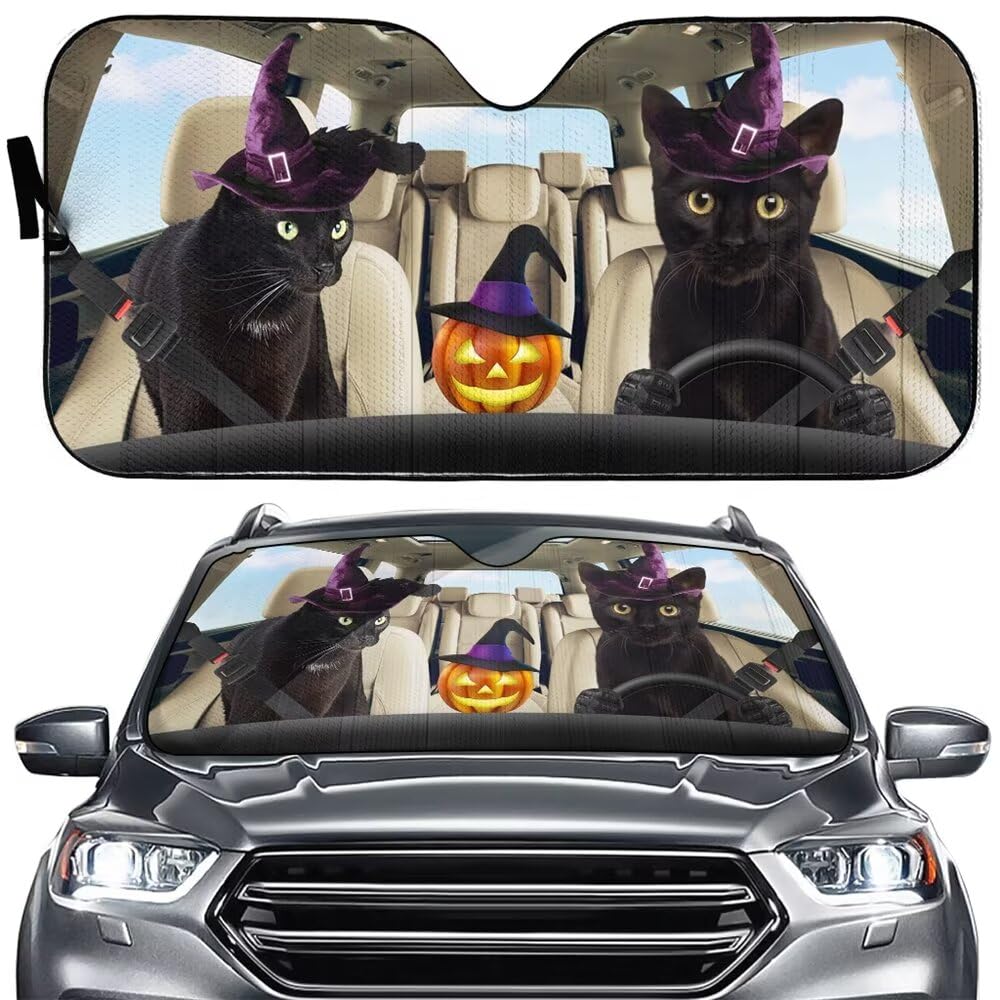 Personalized Pumpkin Cat Driving Auto Front Windshield Sun Shade Car Sunshades Funny Animal 57x27.5 Inches Car Front Window Shades Truck SUV Sun Visor UV Rays Blocks