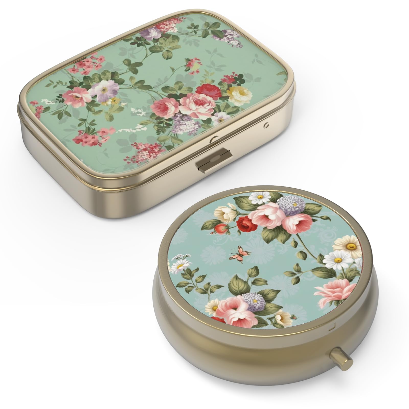 Pill Case Pill Box with Mirror Retro Small Pill Case for Purse or Pocket Bronze Pill Box or Vitamins, Fish Oil, Supplements, Pill Containe Travel Gifts（2PCS）