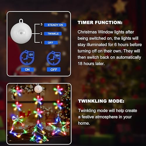 Miniatura 2 de 3 luces de Navidad para ventana con temporizador, funciona con pilas, cadena multicolor iluminada para árbol de árbol, ventosa LED en forma de