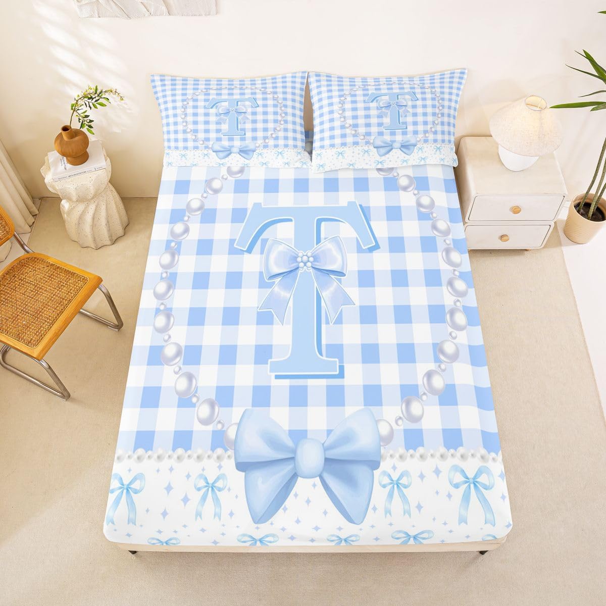 Erosebridal Blue Plaid Bow Tie Full Fitted Sheet for Kids Girls