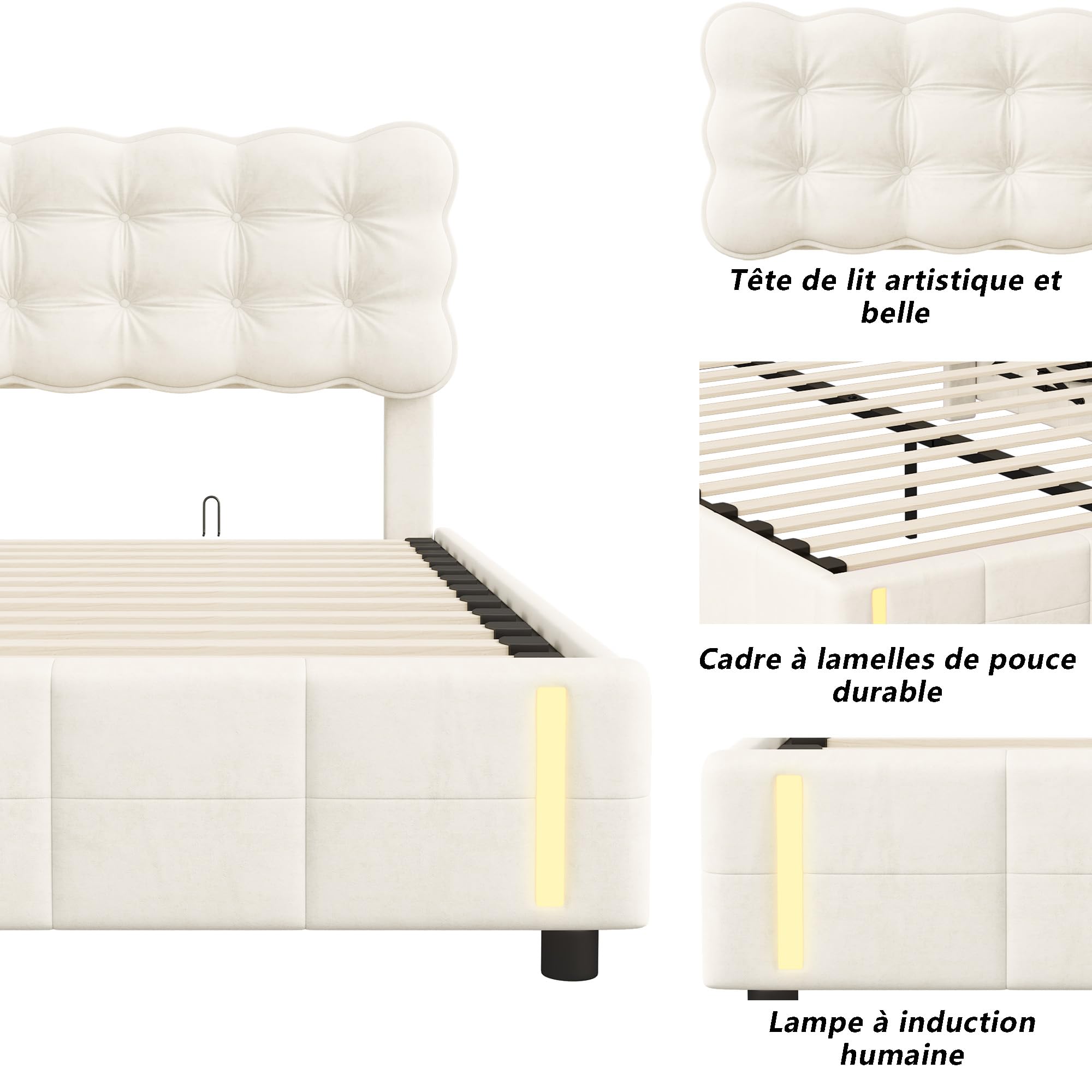 LONELYO Lit Coffre 160x200 avec LED RGB 7 Couleurs & Système Hydraulique – Velours Beige Clair Capitonné, Rangement Spacieux & Sommier à Lattes – Design Moderne