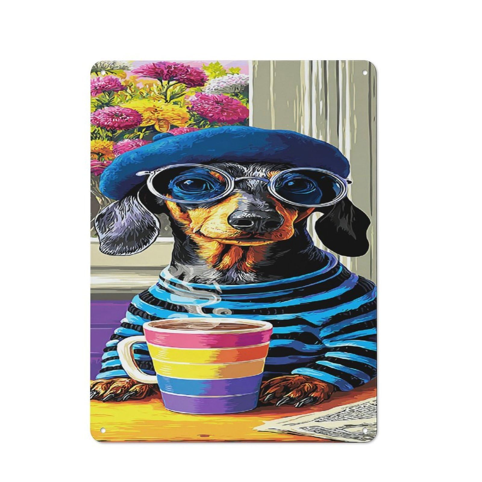 Junmoney Chic Dachshund Enjoying Coffee Retro-Style Metal Sign 40X30cm For Garage Or Workshop, A Moving-Home Gift For Collectors Of Tin Signs